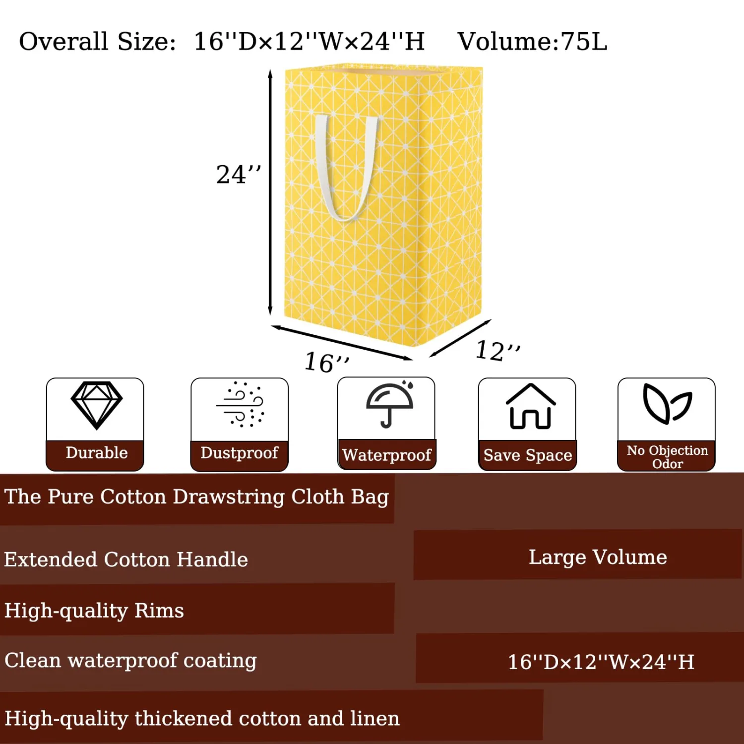 Waterproof Laundry Hamper Collapsible Laundry Basket Extended Cotton Handle Laundry Bag Large Clothes Storage Toy Organization for Bathroom Bedroom Laundryroom College Dorms