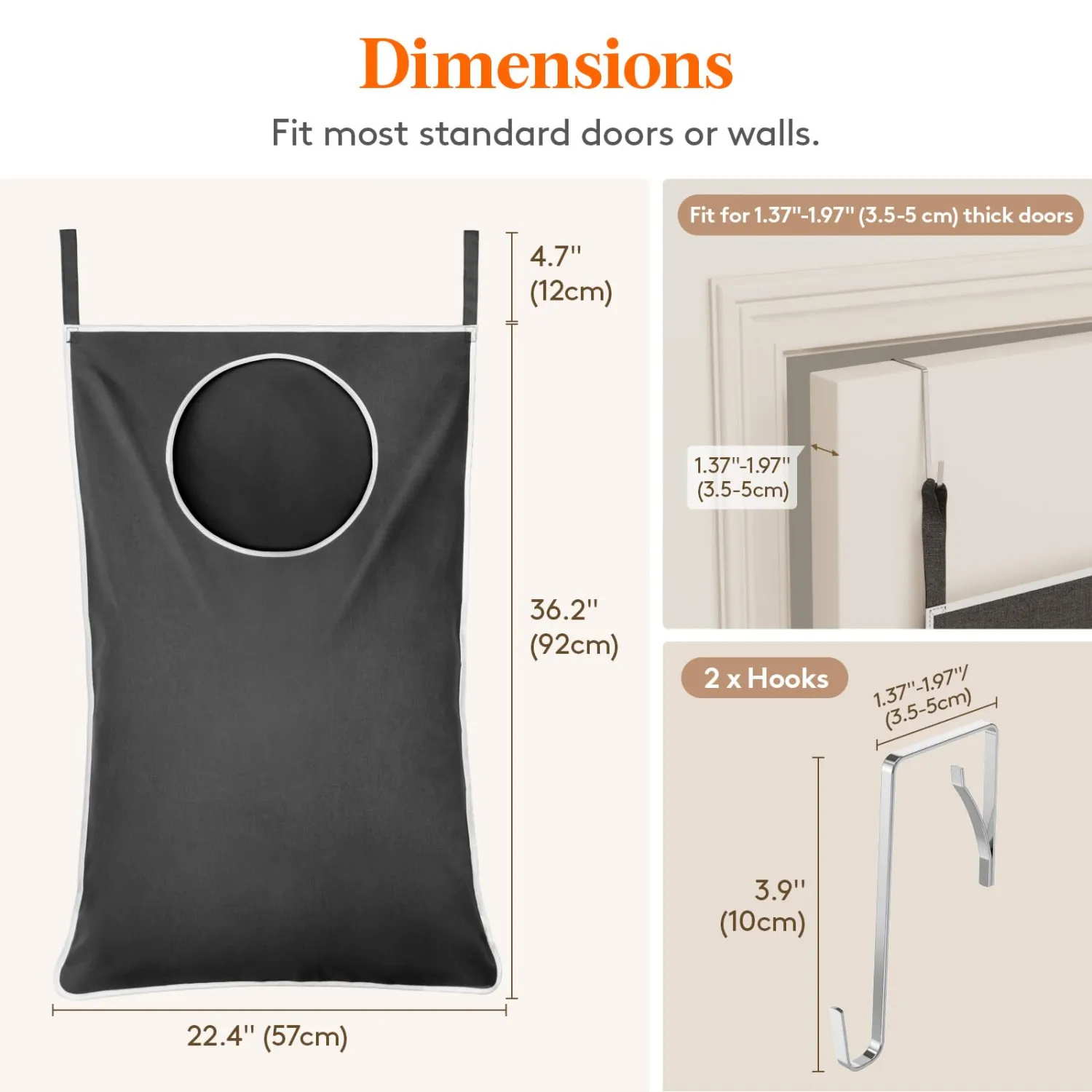 Lifewit 2 Pack Over Door Laundry Hamper, Large Collapsible Hanging Laundry Hamper, Hanging Laundry Basket Bag for Bathroom Bedroom Dirty Clothes Storage Organizer, Dark Gray