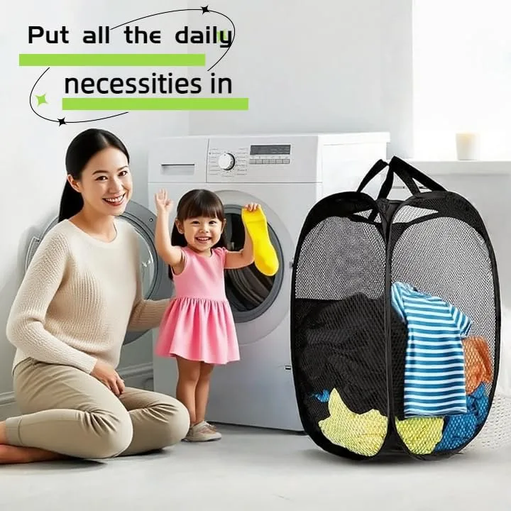 Mesh Laundry Hamper, Foldable Pop-Up Design, Black (black, Large)