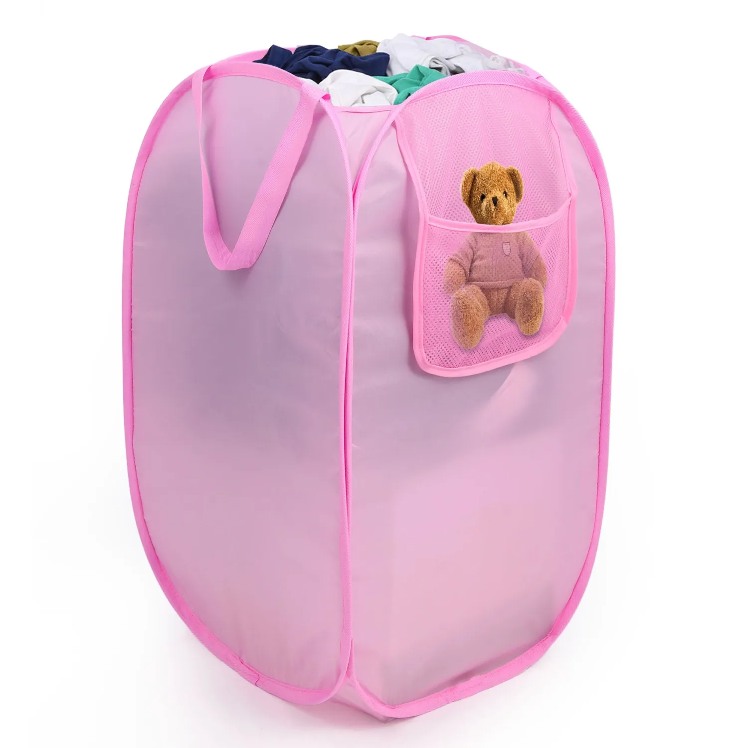 Foldable Laundry Basket, Pop Up Laundry Hamper with Handles, Collapsible Basket with Handy Pocket, Privacy Protection, Easy Carry Reinforced Clothes Hamper for Dorm, Bedrooms, Bathrooms, Travel Pink