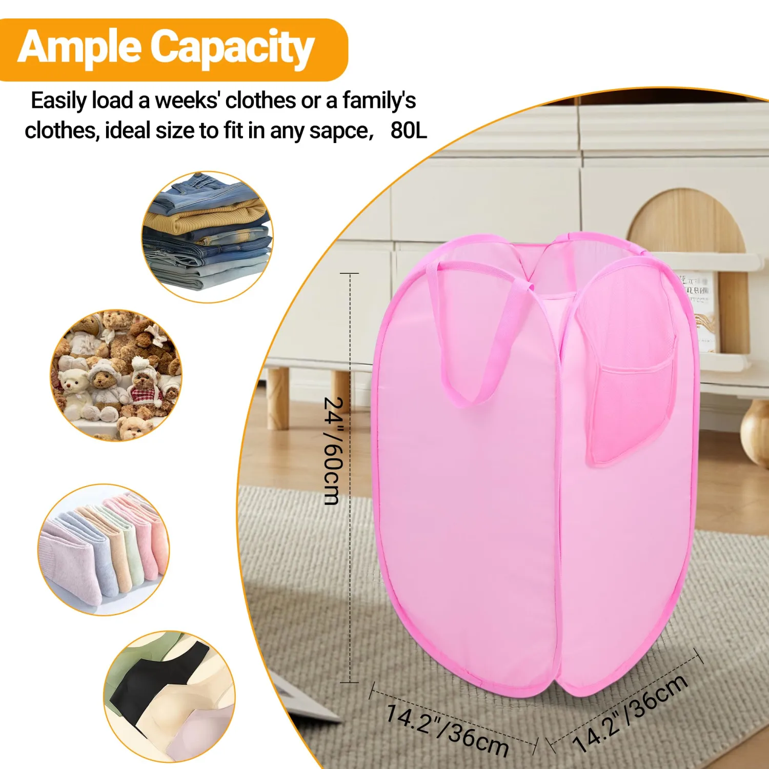 Foldable Laundry Basket, Pop Up Laundry Hamper with Handles, Collapsible Basket with Handy Pocket, Privacy Protection, Easy Carry Reinforced Clothes Hamper for Dorm, Bedrooms, Bathrooms, Travel Pink