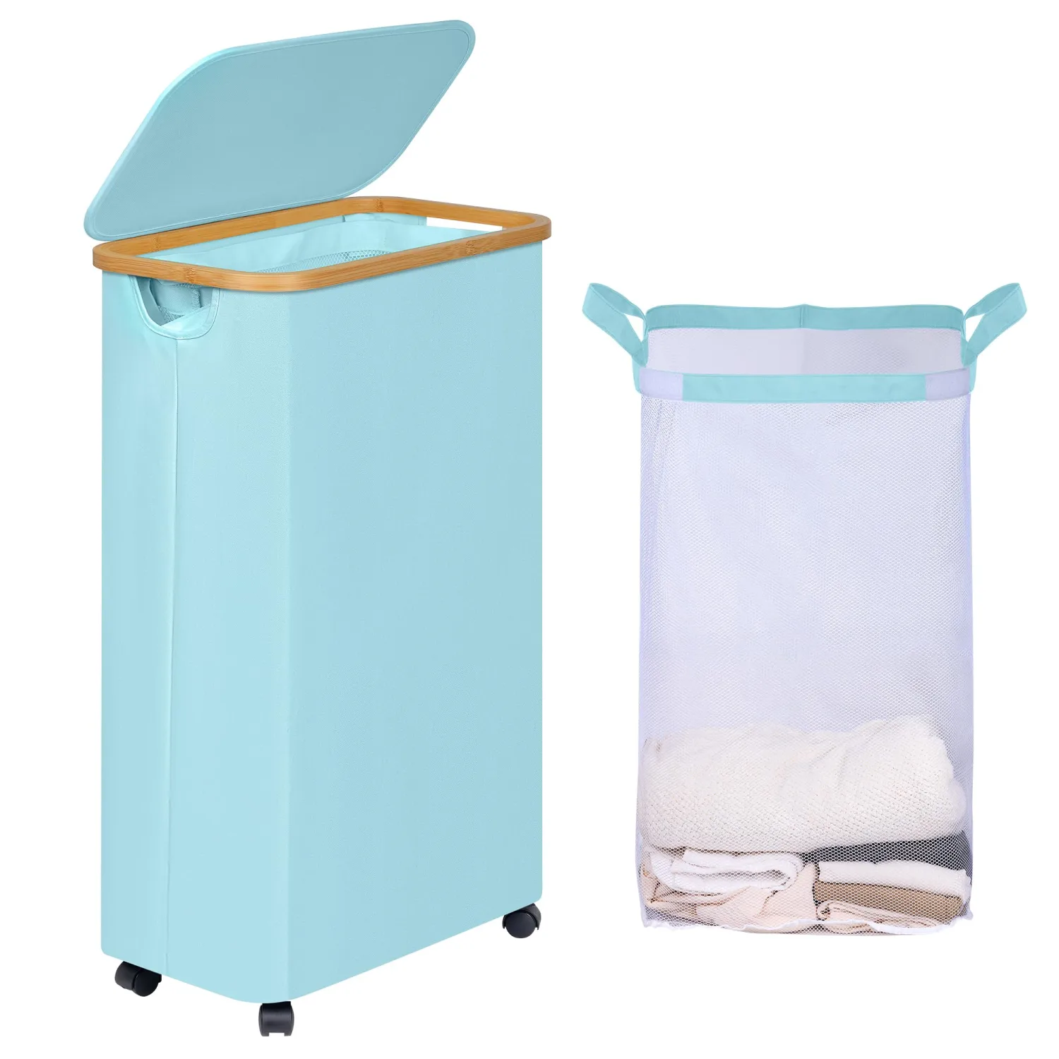 efluky Slim Laundry Hamper with Wheels, Narrow Laundry Basket with Lid and Removable Bag, Aesthetic Dirty Clothes Hamper on Wheels for Laundry Room, Bedroom, Dorm and Bathroom, 75L Beige