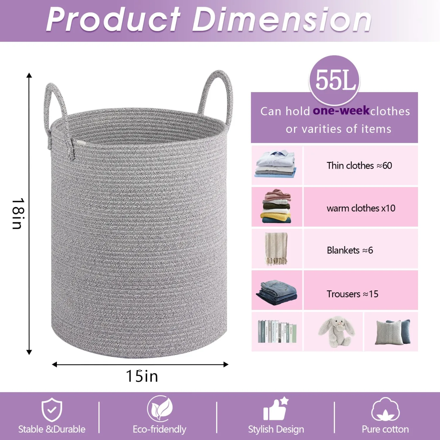 Large Laundry Basket,Laundry Hamper,15''x18'' Cotton Rope Storage Basket with Handles,Baby Hamper,Nursery Blanket Storage Living Room,Toy Basket,Kids Laundry Basket(Light Gray)