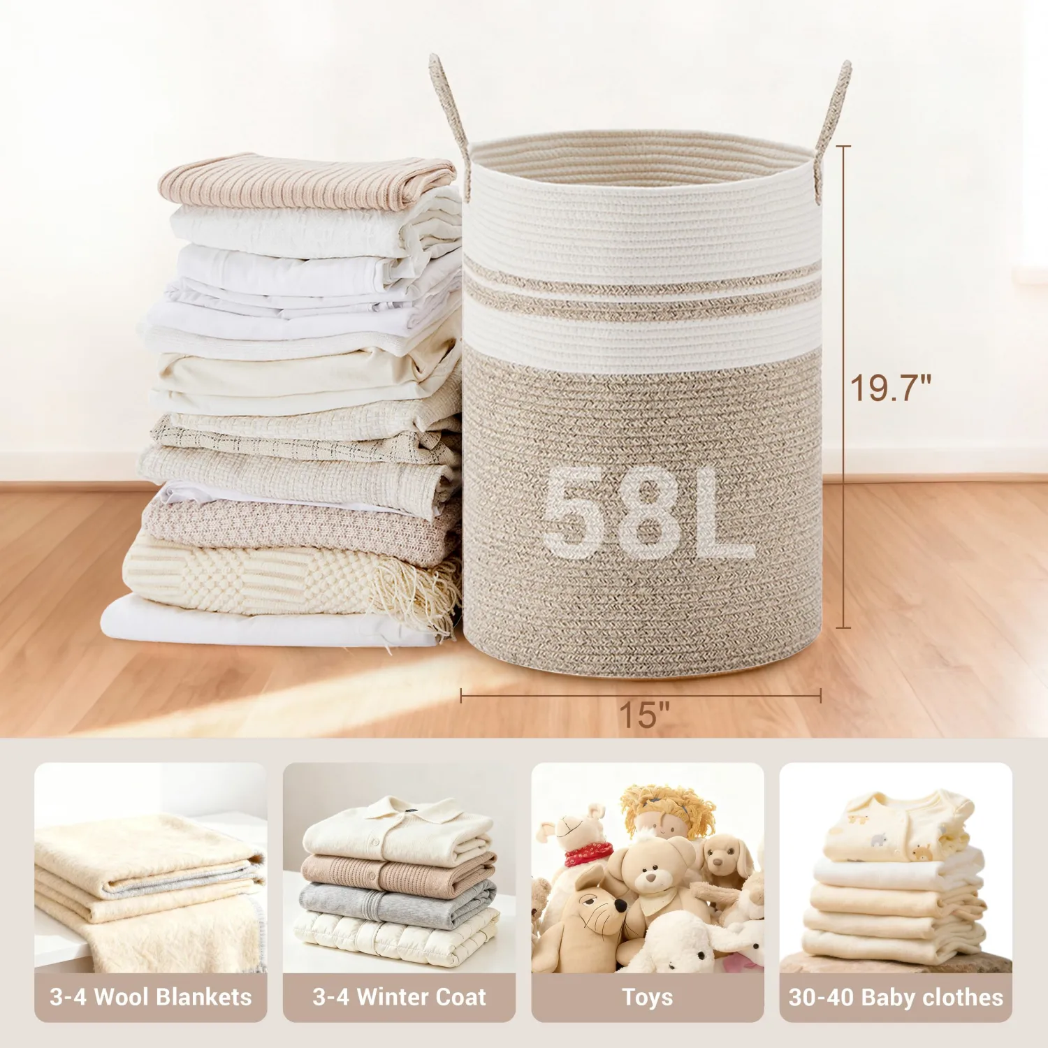 Tall Laundry Basket with Handles, 58L Portable Dirty Clothes Hamper, Boho Cotton Rope Storage Bin for Blankets Kids Toys Gifts, Decorative Organizer for Nursery Bedroom Bathroom, New Brown