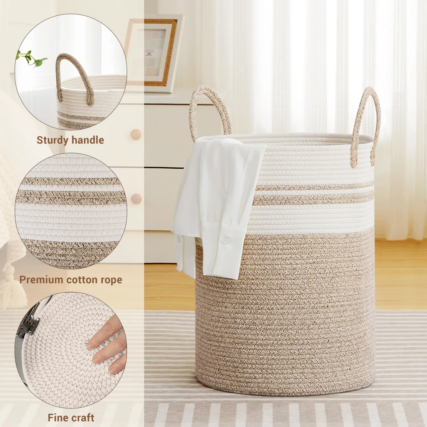 Tall Laundry Basket with Handles, 58L Portable Dirty Clothes Hamper, Boho Cotton Rope Storage Bin for Blankets Kids Toys Gifts, Decorative Organizer for Nursery Bedroom Bathroom, New Brown