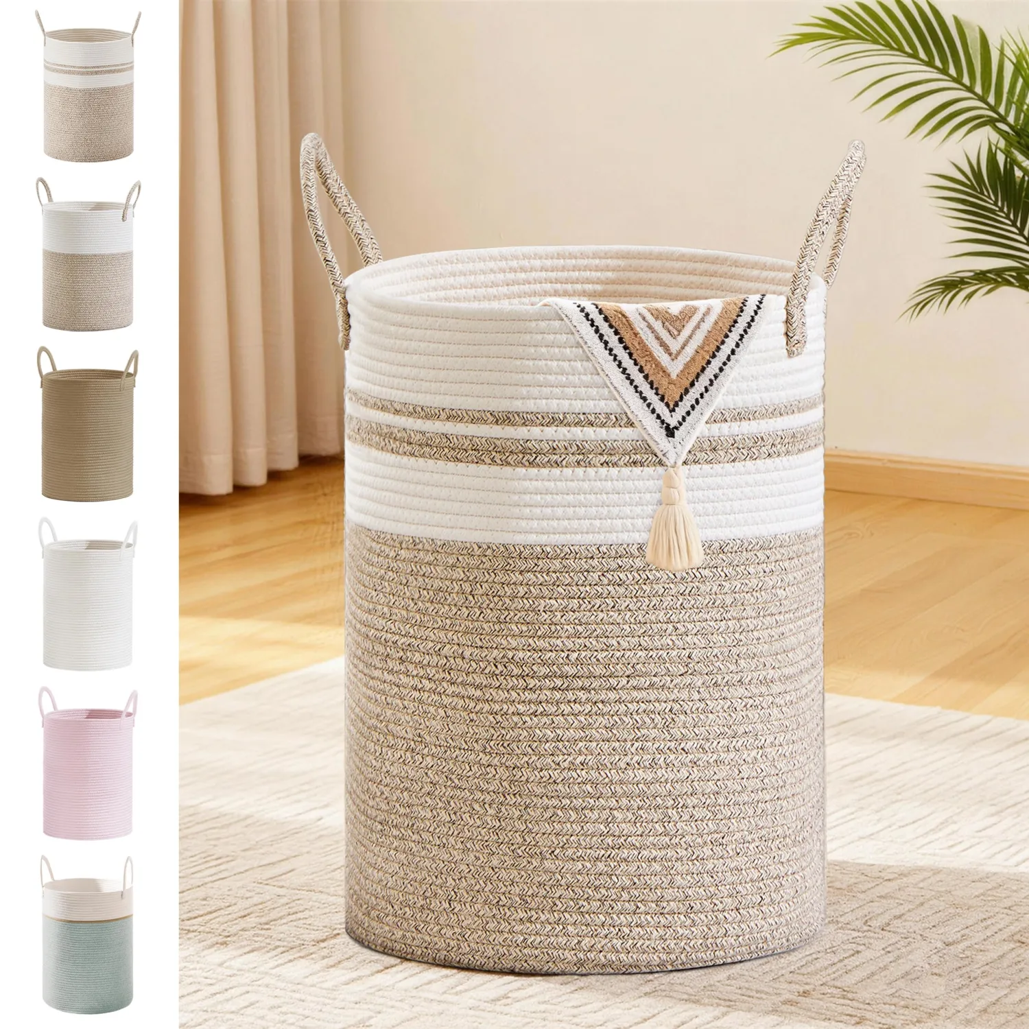 Tall Laundry Basket with Handles, 58L Portable Dirty Clothes Hamper, Boho Cotton Rope Storage Bin for Blankets Kids Toys Gifts, Decorative Organizer for Nursery Bedroom Bathroom, New Brown
