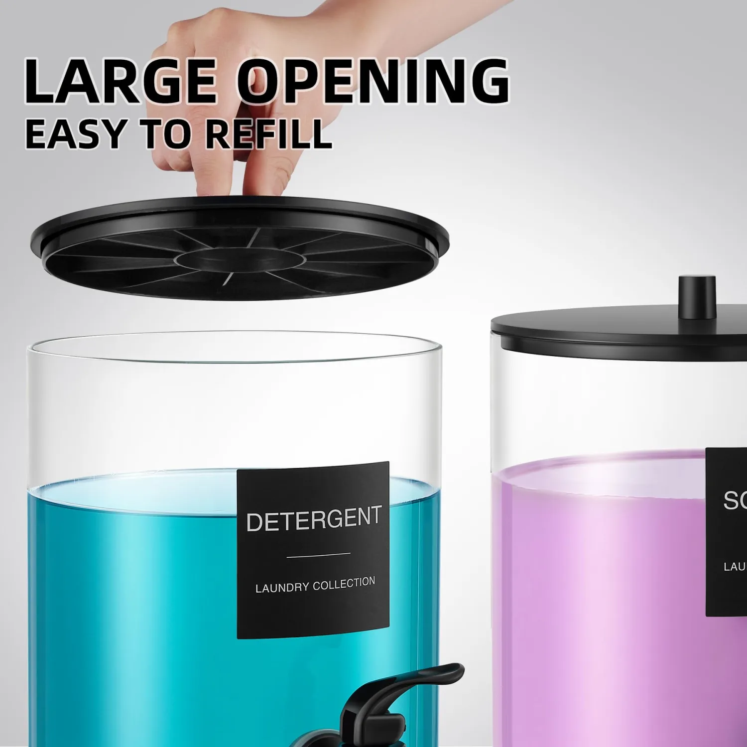 Glass Laundry Detergent Dispenser, 128 oz / 3.5L Fabric Softener Dispenser for Laundry Room Organization, Detergent Holder with Plastic Spigot (Black, 2 Pack)
