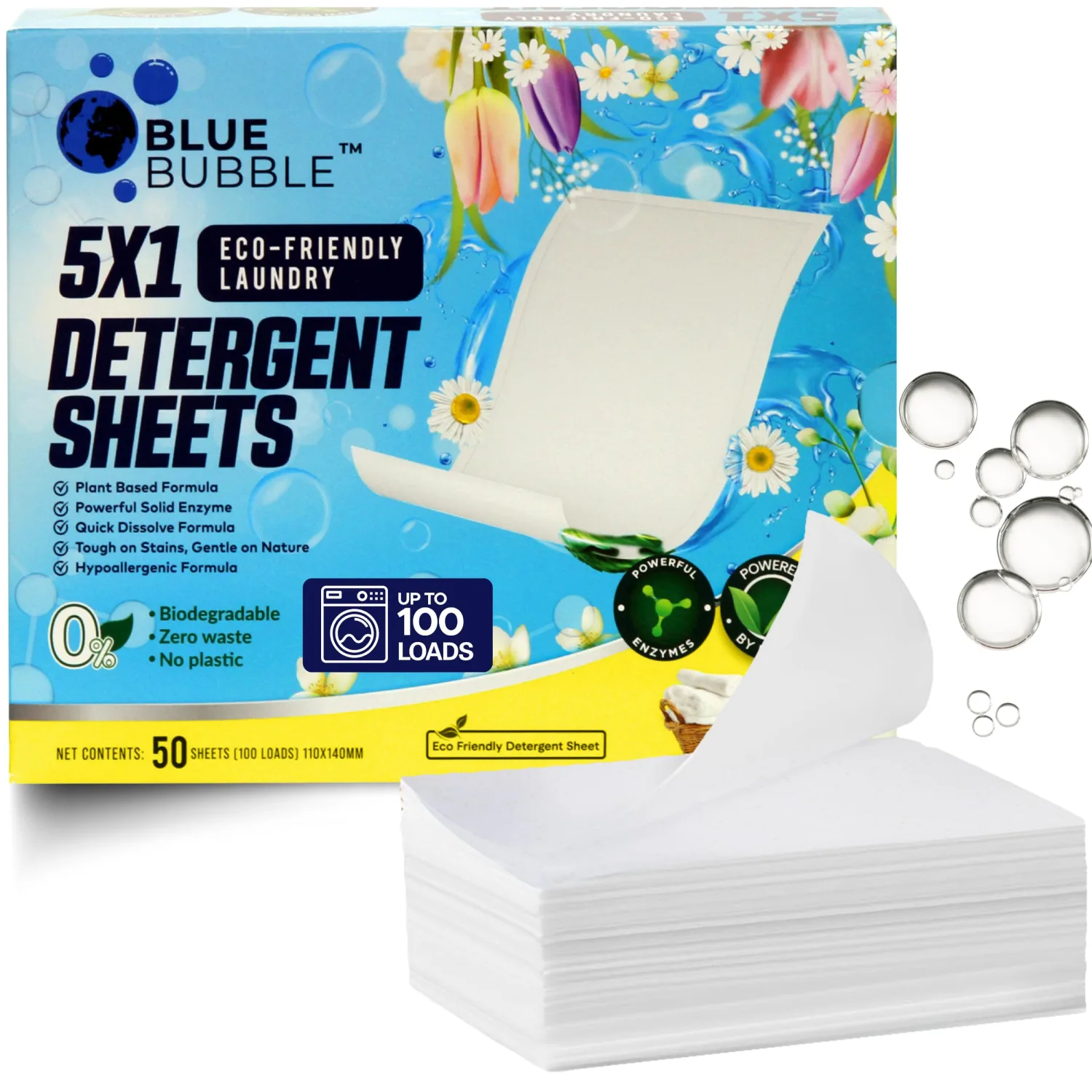 Laundry Detergent Sheets - Travel Laundry, Eco Friendly Detergent, Lightweight Dissolvable Washer Sheets for Fresh & Clean Clothes, Zero Waste Laundry Soap Sheet Up to 100 Loads By Blue Bubble