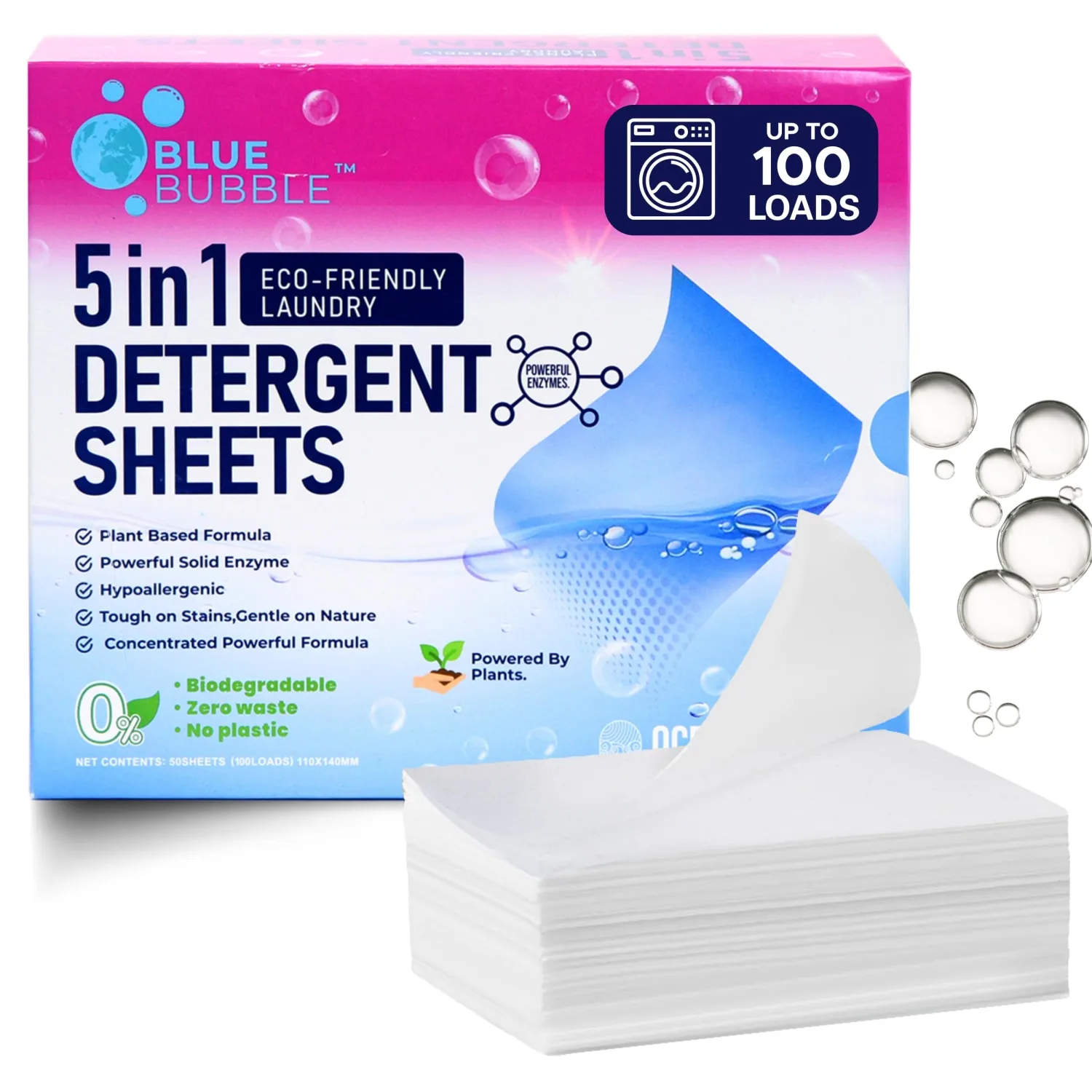 Laundry Detergent Sheets,Travel Laundry Sheet No Chemical Natural Eco Friendly Detergent, Dissolvable for sink wash Fresh &Clean Clothes, Liquidless Laundry Soap Up to 100 Loads By Blue Bubble