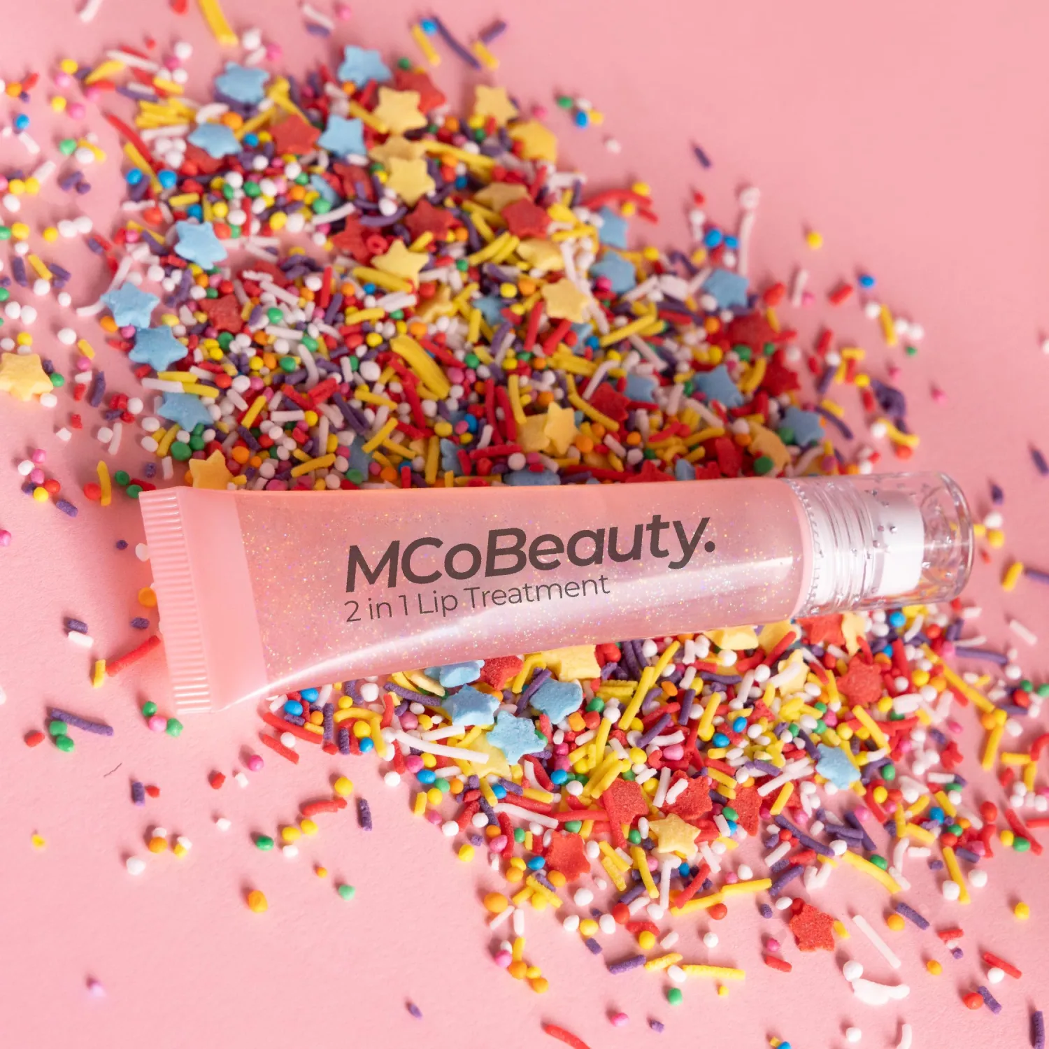 MCoBeauty Glow and Treat 2-in-1 Lip Treatment Birthday Cake - Tinted Lip Oil Squalane Roller Ball Applicator - Glossy Moisturizing Lip Balm Gloss Dry Lips - Vegan Cruelty Free Lip Care - 10ml