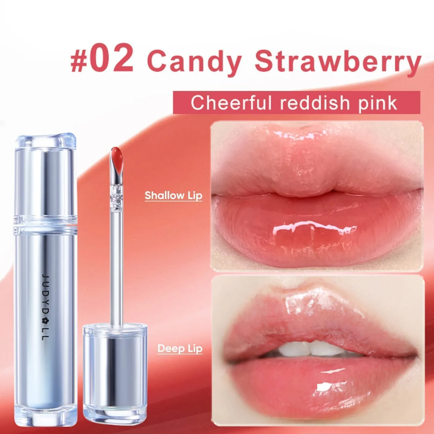 JUDYDOLL Ice Watery Lip Gloss,Moisturizing Liquid Lipstick with Hyaluronic Acid & Collagen,Long-lasting Mirror Lip Glazes with Iron Applicator(#02 Candy Strawberry,2.4 Grams)