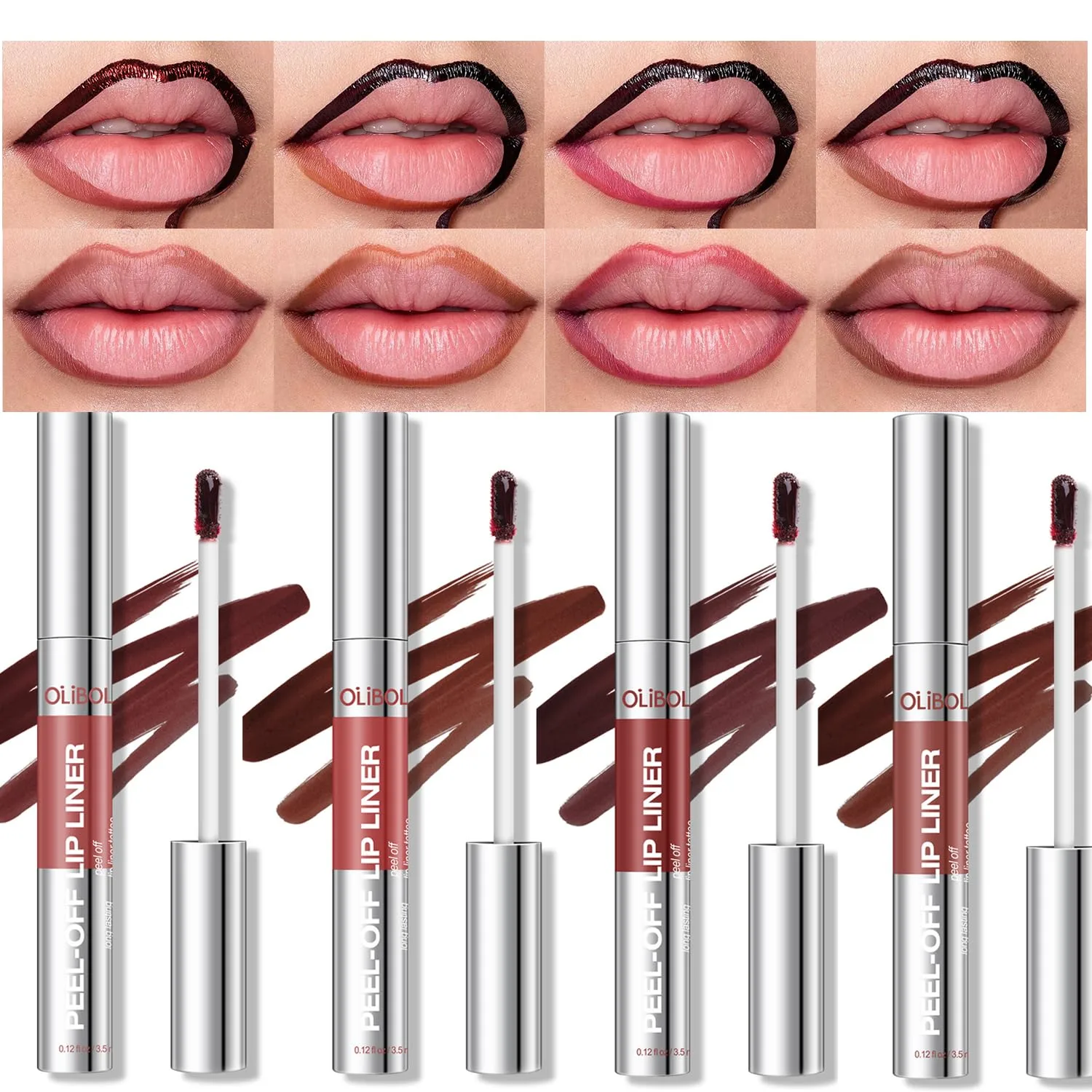 4Pcs Peel Off Lip Liner Stain Set - Long-Lasting, Smudge-Proof, Waterproof Nude Matte Lip Tint, Non-Fading Peel Off Brown Lip Line Color, Effortless Precision & Full Coverage, Overline Lip Combo