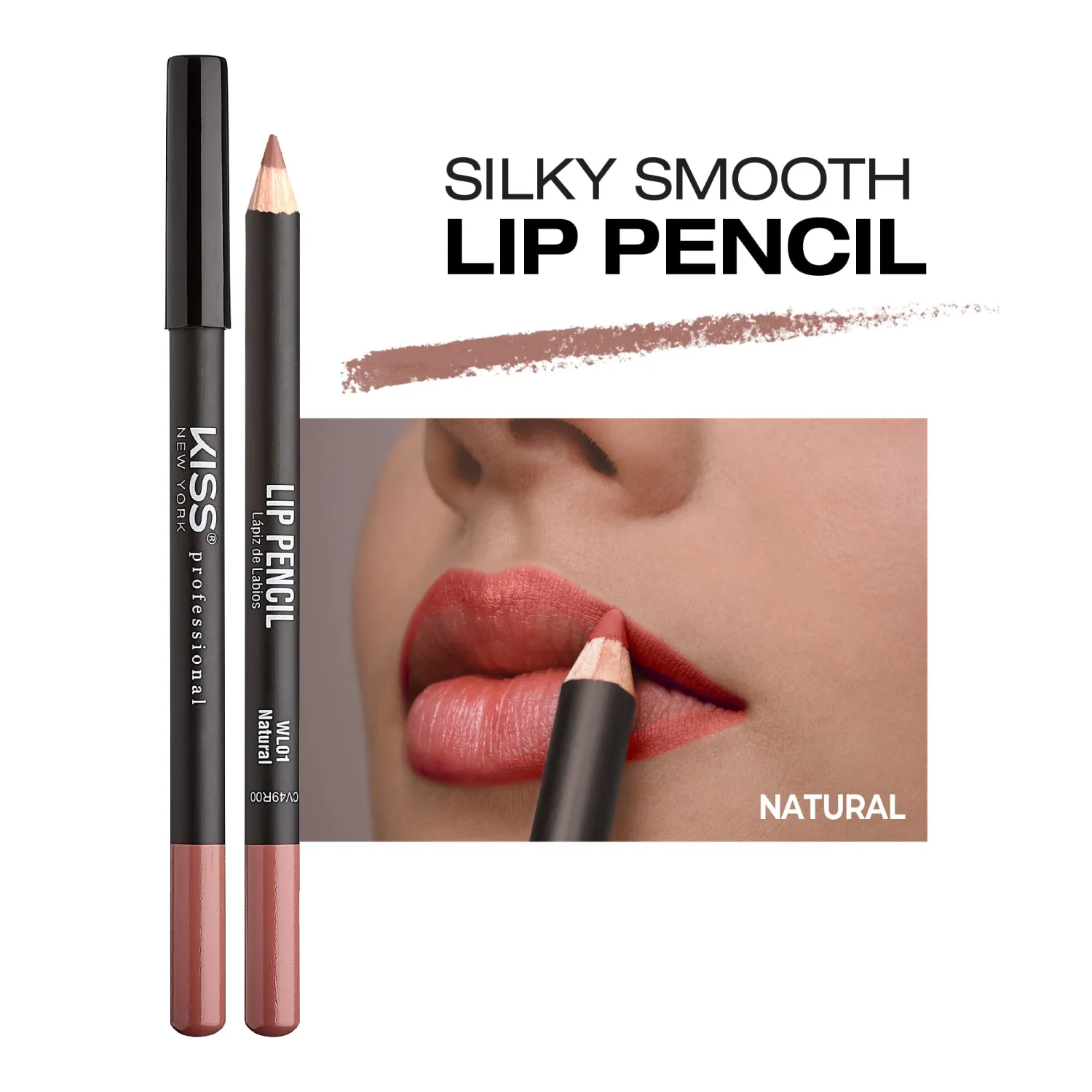 Kiss New York Professional Slim Lip Pencil, Creamy Soft Lip Liner, Smooth Long-Lasting Rich Lip Color, Natural Lip Makeup, Water-Resistant Lip Crayon (Natural)