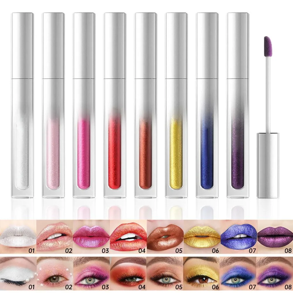 Pearlescent Metallic Lip Gloss & Liquid Eyeshadow 2-in-1, Long Lasting Waterproof Glitter Lipstick, Shimmer Lip Color, High Pigment Metallic Glitter Eyeshadow Makeup for Women 05