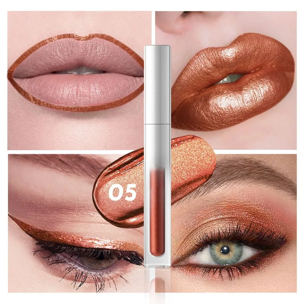 Pearlescent Metallic Lip Gloss & Liquid Eyeshadow 2-in-1, Long Lasting Waterproof Glitter Lipstick, Shimmer Lip Color, High Pigment Metallic Glitter Eyeshadow Makeup for Women 05