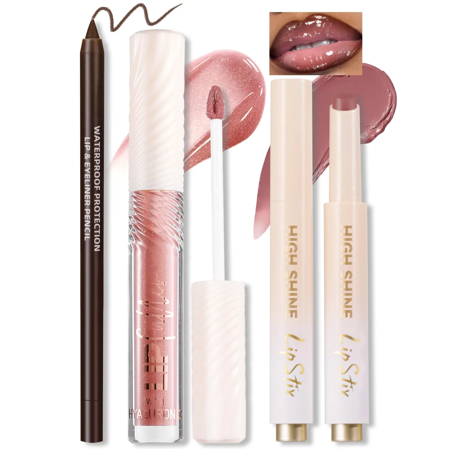 Noerrors High Glossy Lip Combo Trio Set, Nude Pink Tined Lip Balm and Plumping Shimmer Lip Gloss with Deep Brown Lip Liner, Hydrating Long-Lasting Waterproof Non-Sticky Lip Makeup Kit for Women