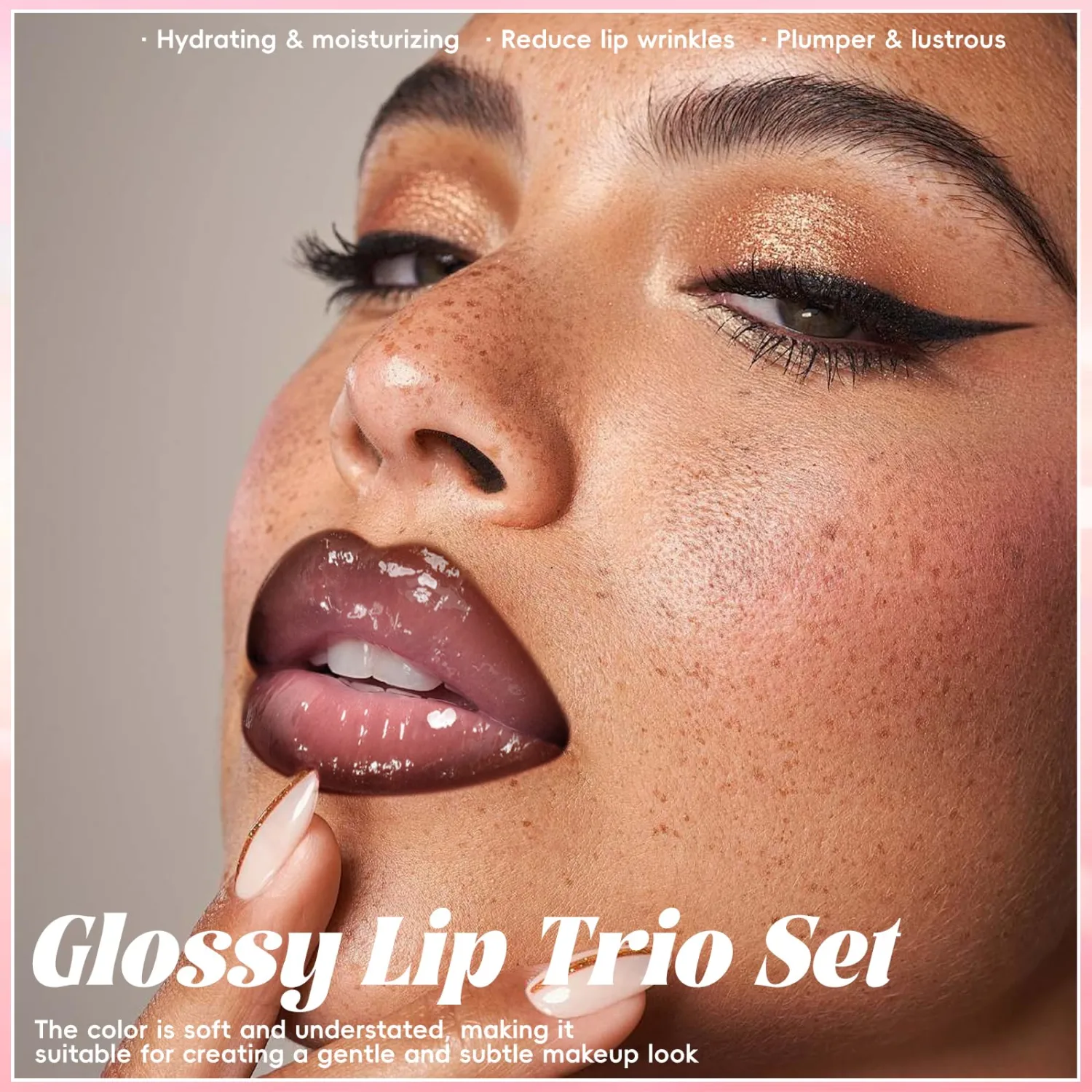 Noerrors High Glossy Lip Combo Trio Set, Nude Pink Tined Lip Balm and Plumping Shimmer Lip Gloss with Deep Brown Lip Liner, Hydrating Long-Lasting Waterproof Non-Sticky Lip Makeup Kit for Women