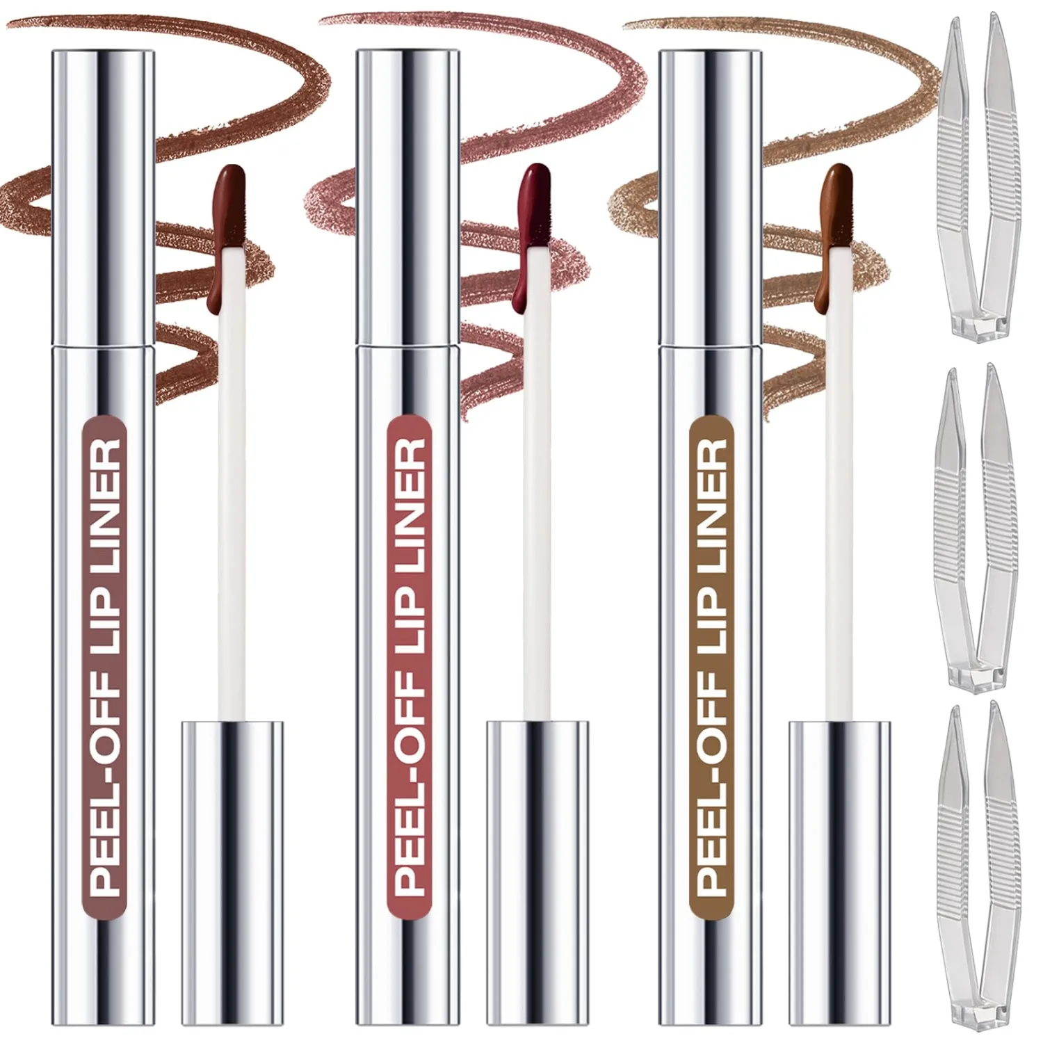 3 Colors Peel Off Lip Liner Stain with Tweezer Kit, Long Lasting Waterproof Lip Tint Stains Makeup Set with Matte Finish for Women, Natural Look, Easy to Use, for All Skin Types (#2,3,4)