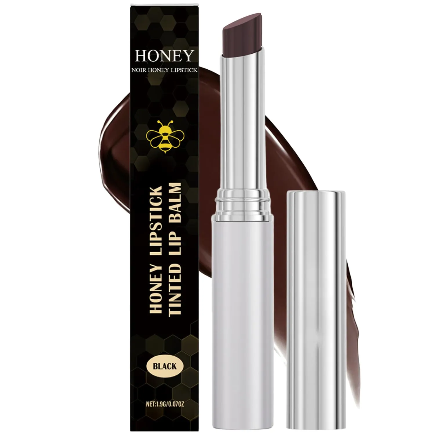 Honey Lipstick Tinted Lip Balm, Hydrating Lip Balm with Natural Honey Extract, Sheer Color Lip Tint, Nourishing Repair for Dry Chapped Lips, Long Lasting Smooth Glossy Finish (Black)