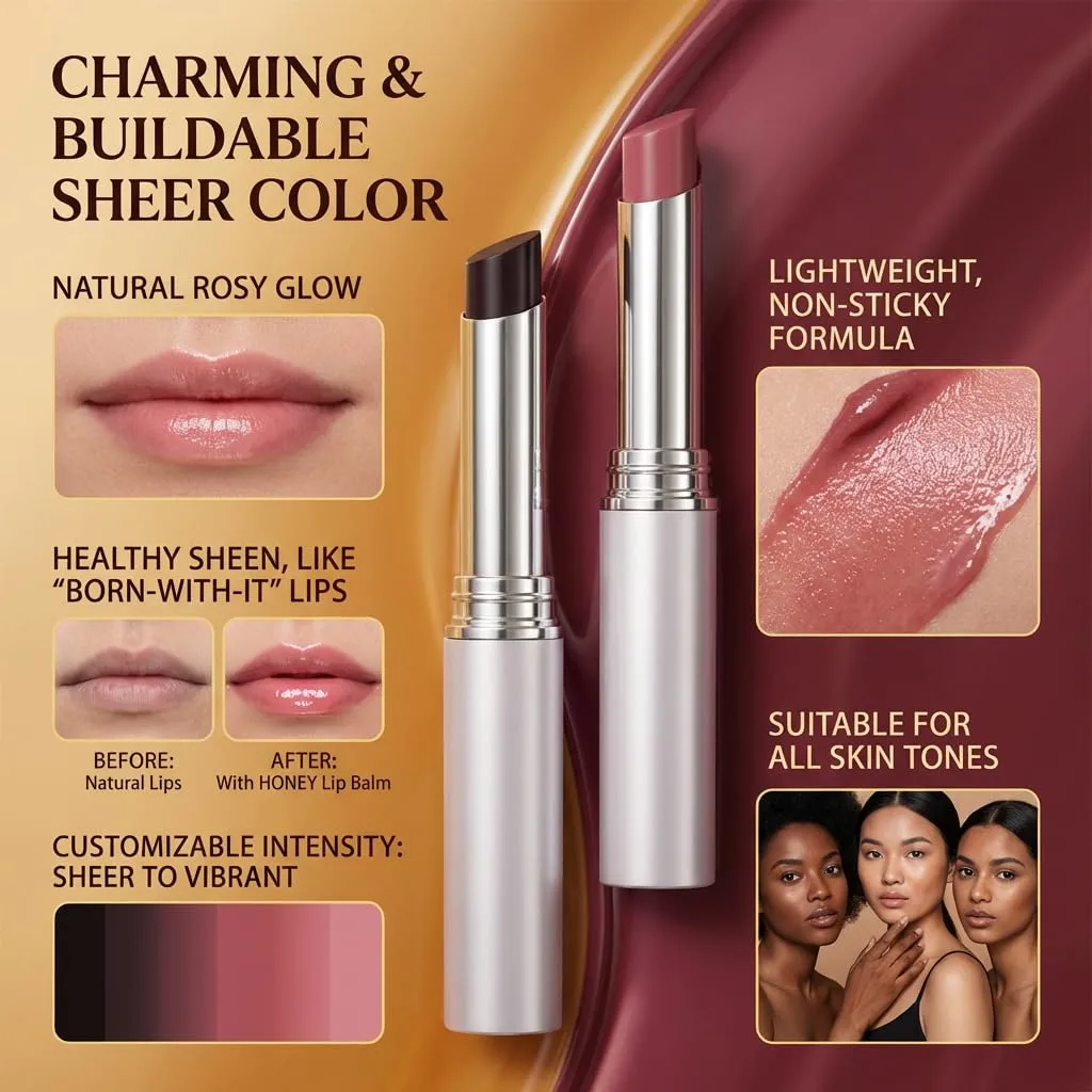 Honey Lipstick Tinted Lip Balm, Hydrating Lip Balm with Natural Honey Extract, Sheer Color Lip Tint, Nourishing Repair for Dry Chapped Lips, Long Lasting Smooth Glossy Finish (Black)