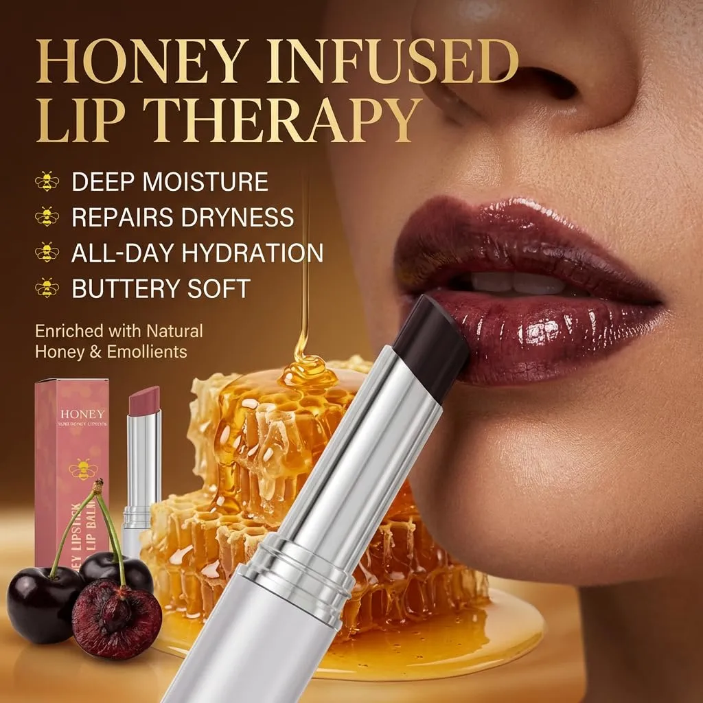 Honey Lipstick Tinted Lip Balm, Hydrating Lip Balm with Natural Honey Extract, Sheer Color Lip Tint, Nourishing Repair for Dry Chapped Lips, Long Lasting Smooth Glossy Finish (Black)