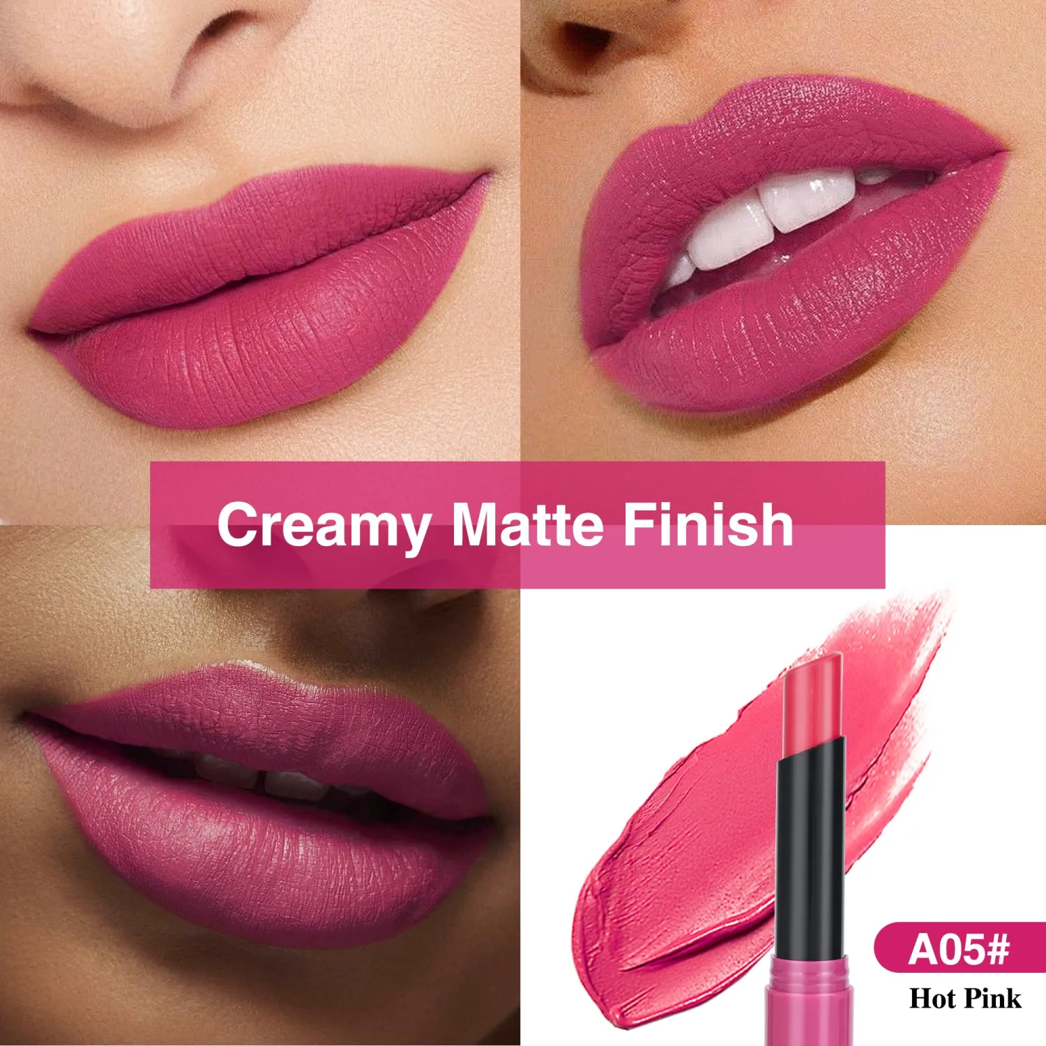 Hot Pink Lipstick for Women,Matte Velvet Satin Lipsticks,Hydrate Lip stick Non-Drying Long Lasting Lip Stain Daily Makeup,Creamy Silky Texture,Highly pigment Formula,Vegan & Cruelty-Free,A05#