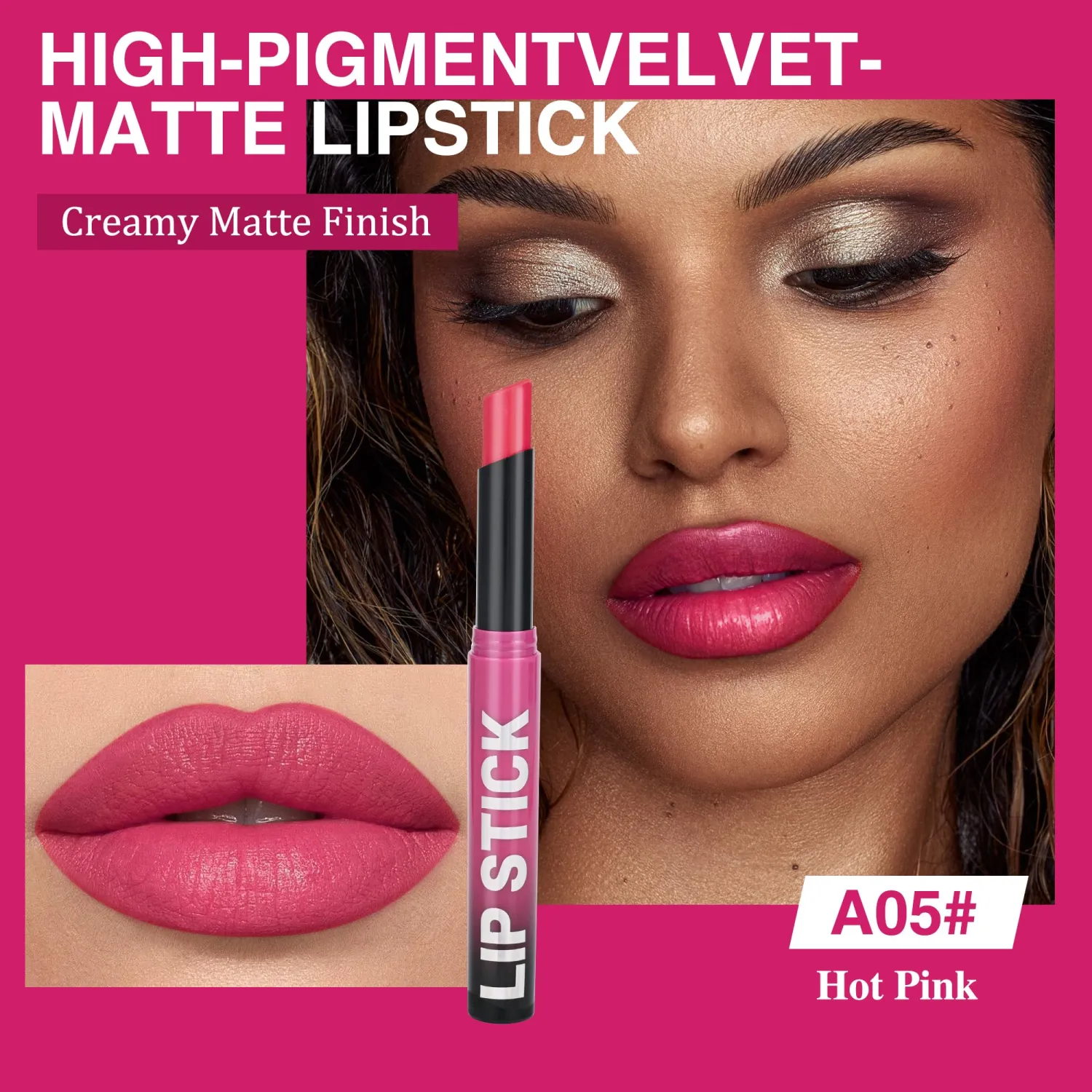 Hot Pink Lipstick for Women,Matte Velvet Satin Lipsticks,Hydrate Lip stick Non-Drying Long Lasting Lip Stain Daily Makeup,Creamy Silky Texture,Highly pigment Formula,Vegan & Cruelty-Free,A05#