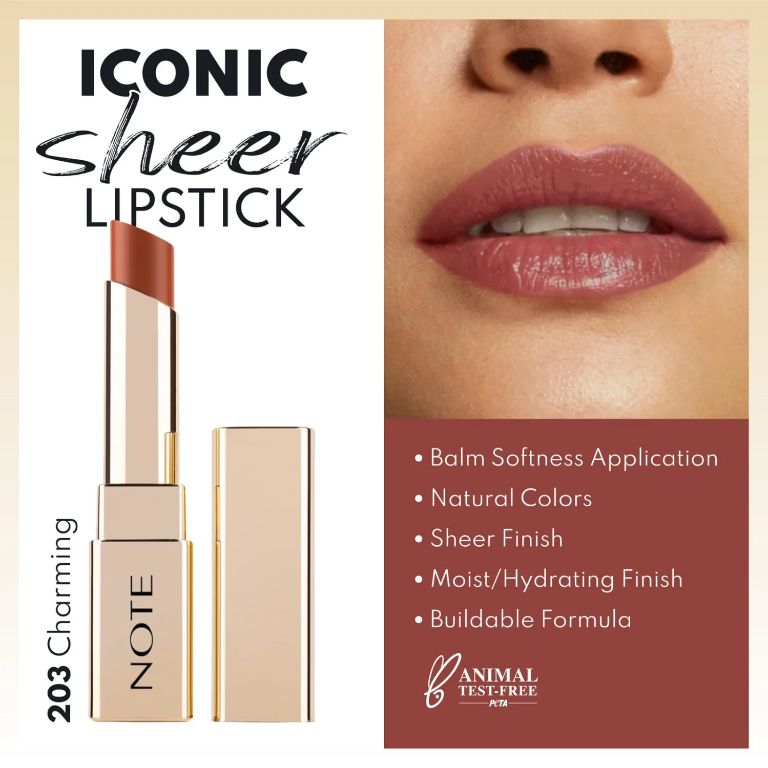 NOTE Cosmetique Iconic Sheer Lipstick - Hydrating Lipstick for Women - Balm-Like, Natural Sheer Finish Formula - 203 Charming - 0.11 oz