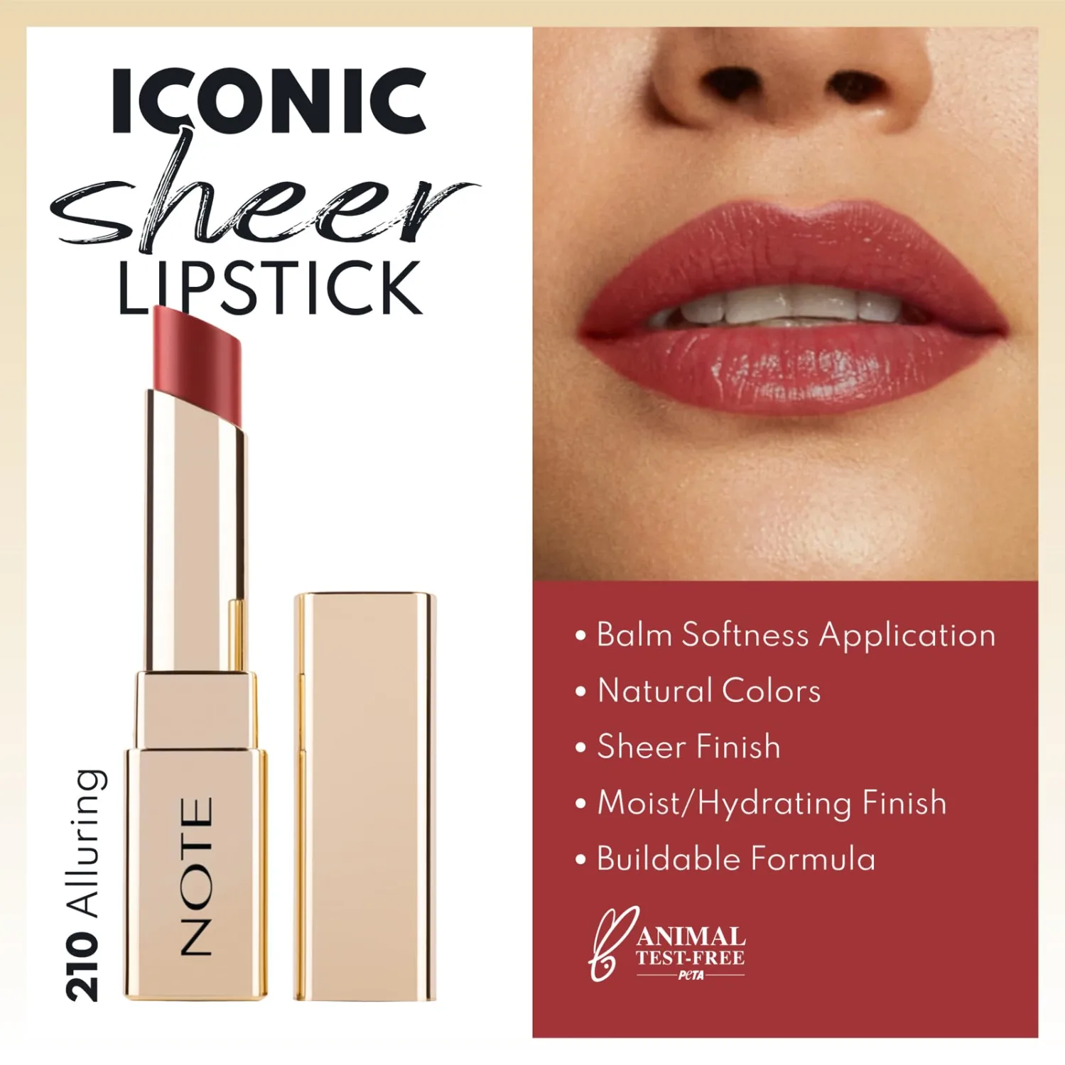 NOTE Cosmetique Iconic Sheer Lipstick - Hydrating Lipstick for Women - Balm-Like, Natural Sheer Finish Formula - 210 Alluring - 0.11 oz