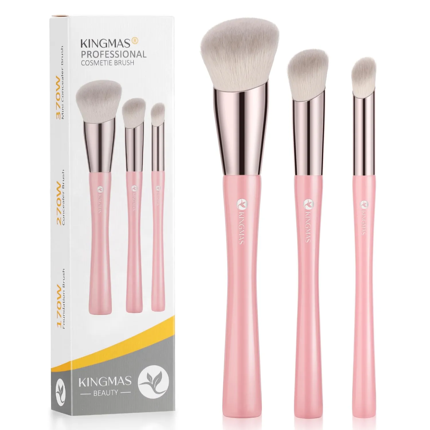 KINGMAS Angled Foundation Brush Concealer Brush, Premium Kabuki Makeup Brush for Liquid, Blending, Cream, Powder, Blush Buffing Stippling Face Makeup Tools White (Pink, 3Pcs (170W/270W/370W))