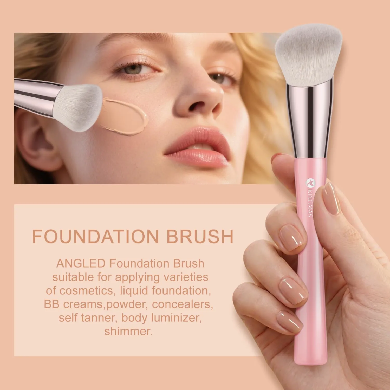 KINGMAS Angled Foundation Brush Concealer Brush, Premium Kabuki Makeup Brush for Liquid, Blending, Cream, Powder, Blush Buffing Stippling Face Makeup Tools White (Pink, 3Pcs (170W/270W/370W))
