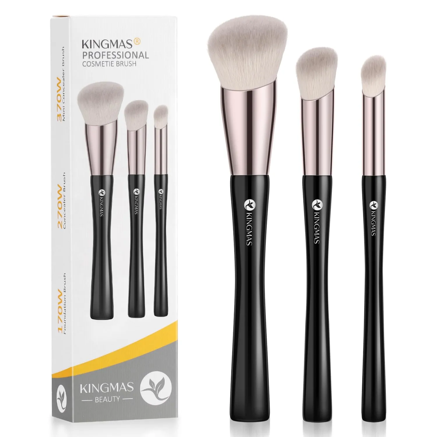 KINGMAS Angled Foundation Brush Concealer Brush, Premium Kabuki Makeup Brush for Liquid, Blending, Cream, Powder, Blush Buffing Stippling Face Makeup Tools White (Black, 3Pcs (170W/270W/370W))