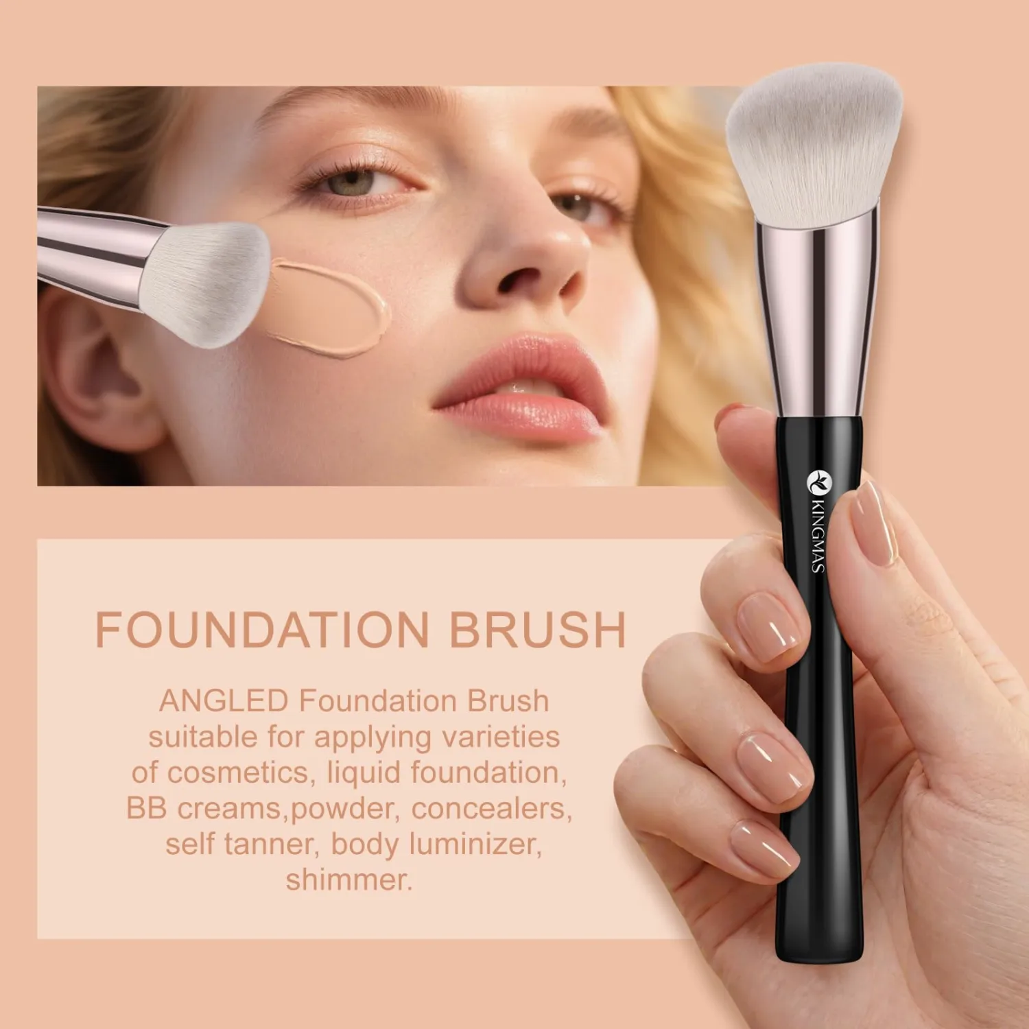 KINGMAS Angled Foundation Brush Concealer Brush, Premium Kabuki Makeup Brush for Liquid, Blending, Cream, Powder, Blush Buffing Stippling Face Makeup Tools White (Black, 3Pcs (170W/270W/370W))