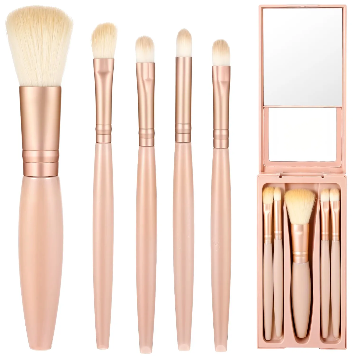 Travel Makeup Brush Set Apricot 5 Pcs Mini Makeup Brushes with Case and Mirror Portable Small Complete Function Cosmetic Brushes Kit Basic Cosmetic Profesional Tools for On The Go