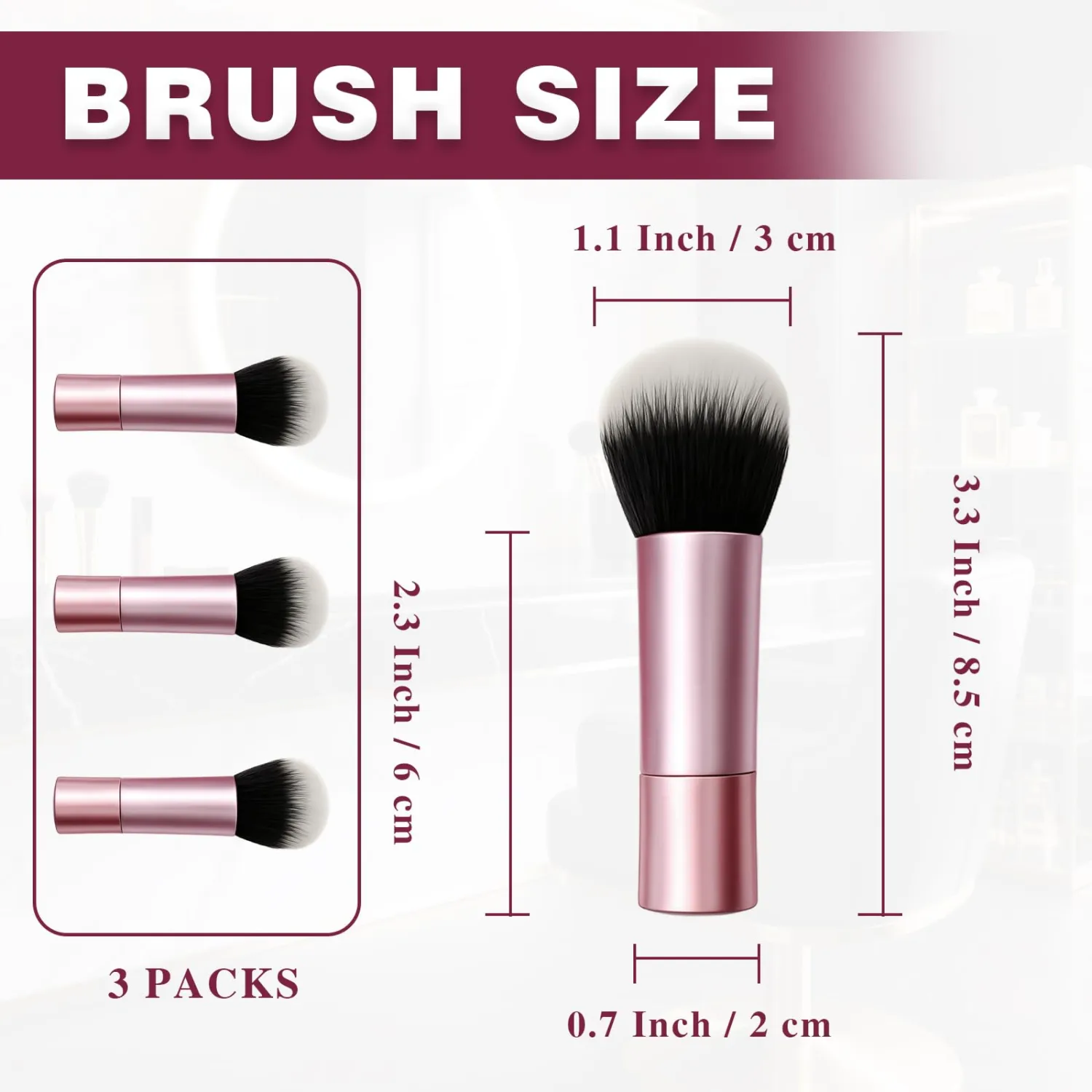 Mini Multitask Face Brush Set (3 Pack) – Travel Makeup Brushes for Blush, Bronzer & Setting Powder, Vegan, Cruelty-Free Synthetic Bristles