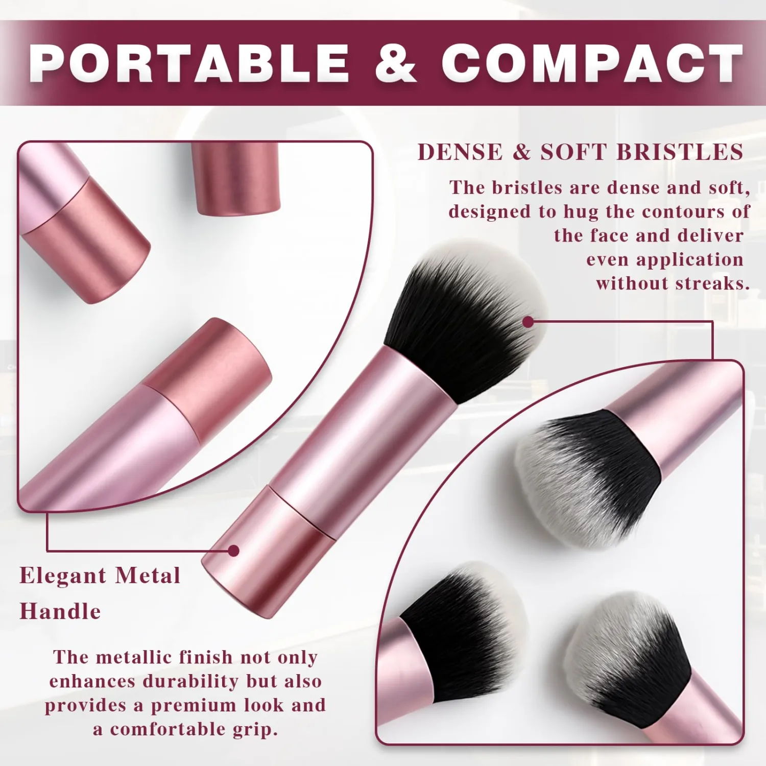 Mini Multitask Face Brush Set (3 Pack) – Travel Makeup Brushes for Blush, Bronzer & Setting Powder, Vegan, Cruelty-Free Synthetic Bristles