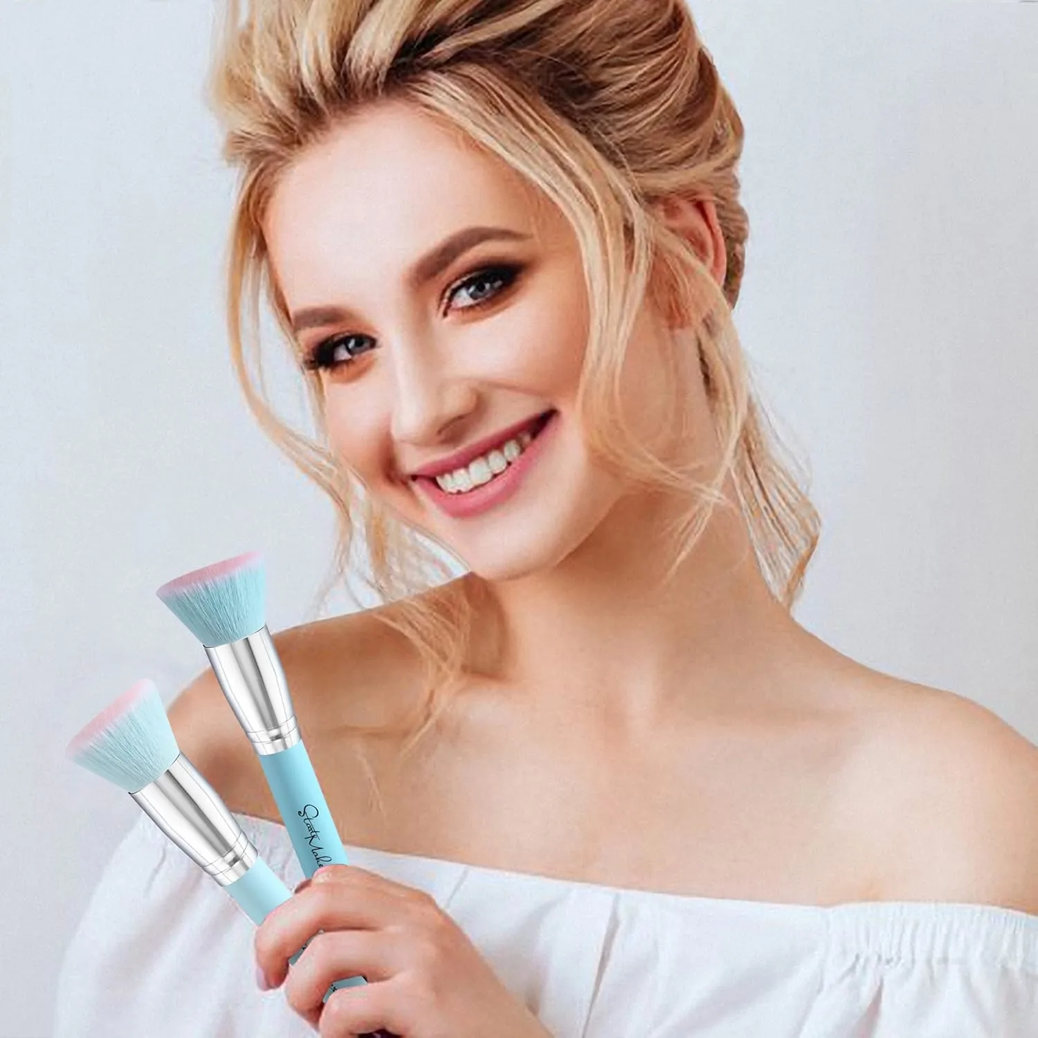 Makeup Brushes Foundation Brush for Liquid Makeup, Flat Top Kabuki Foundation Brush Premium Make up Brushes Liquid Blending Mineral Powder Buffing Stippling Flawless Face Brush Makeup Tools(Blue)