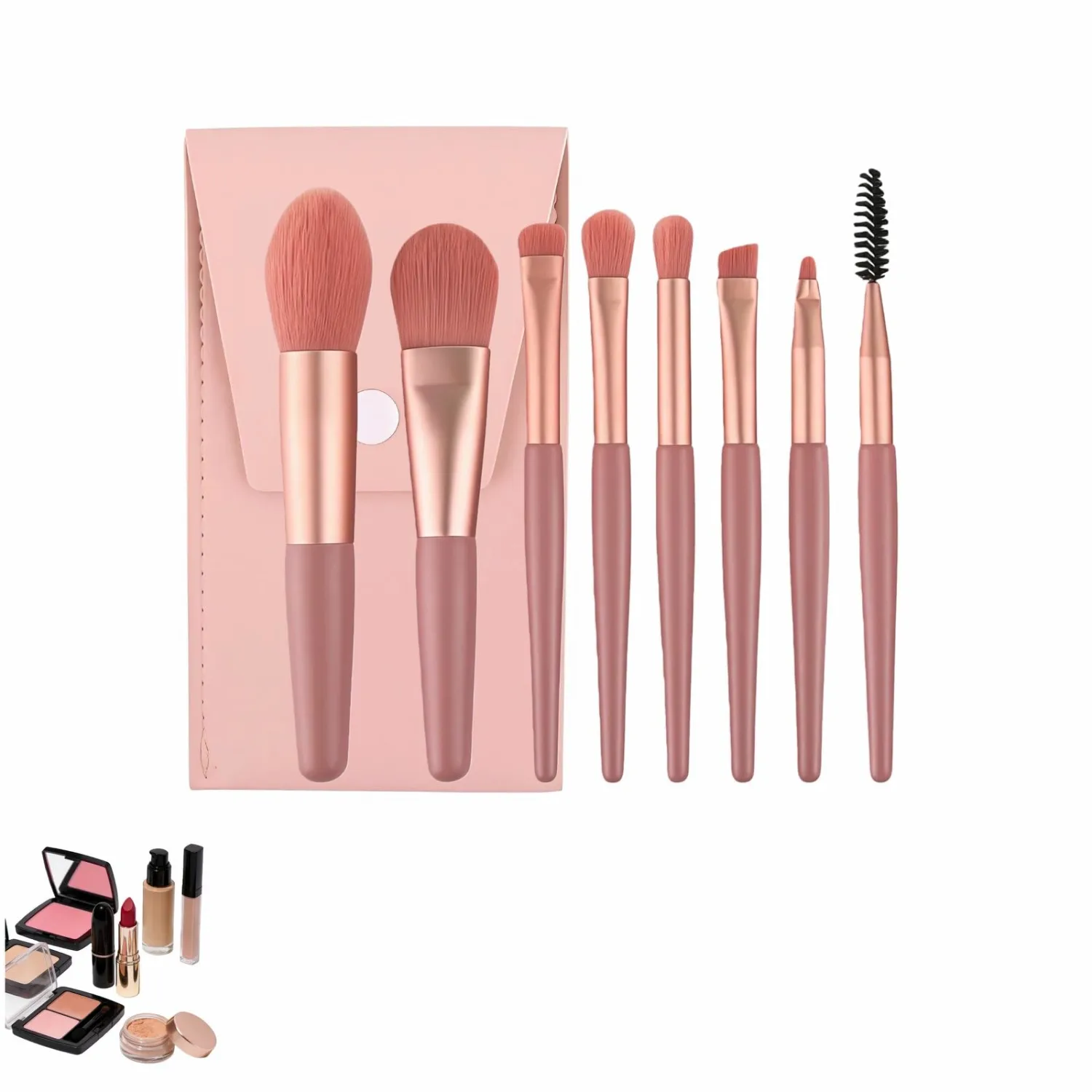 8-Piece Makeup Brush Set - Vegan Travel Brushes with Portable Case for Foundation, Blush, Eyeshadow - Soft Synthetic Kabuki Brushes Perfect for Beginners & Sensitive Skin (Pink)