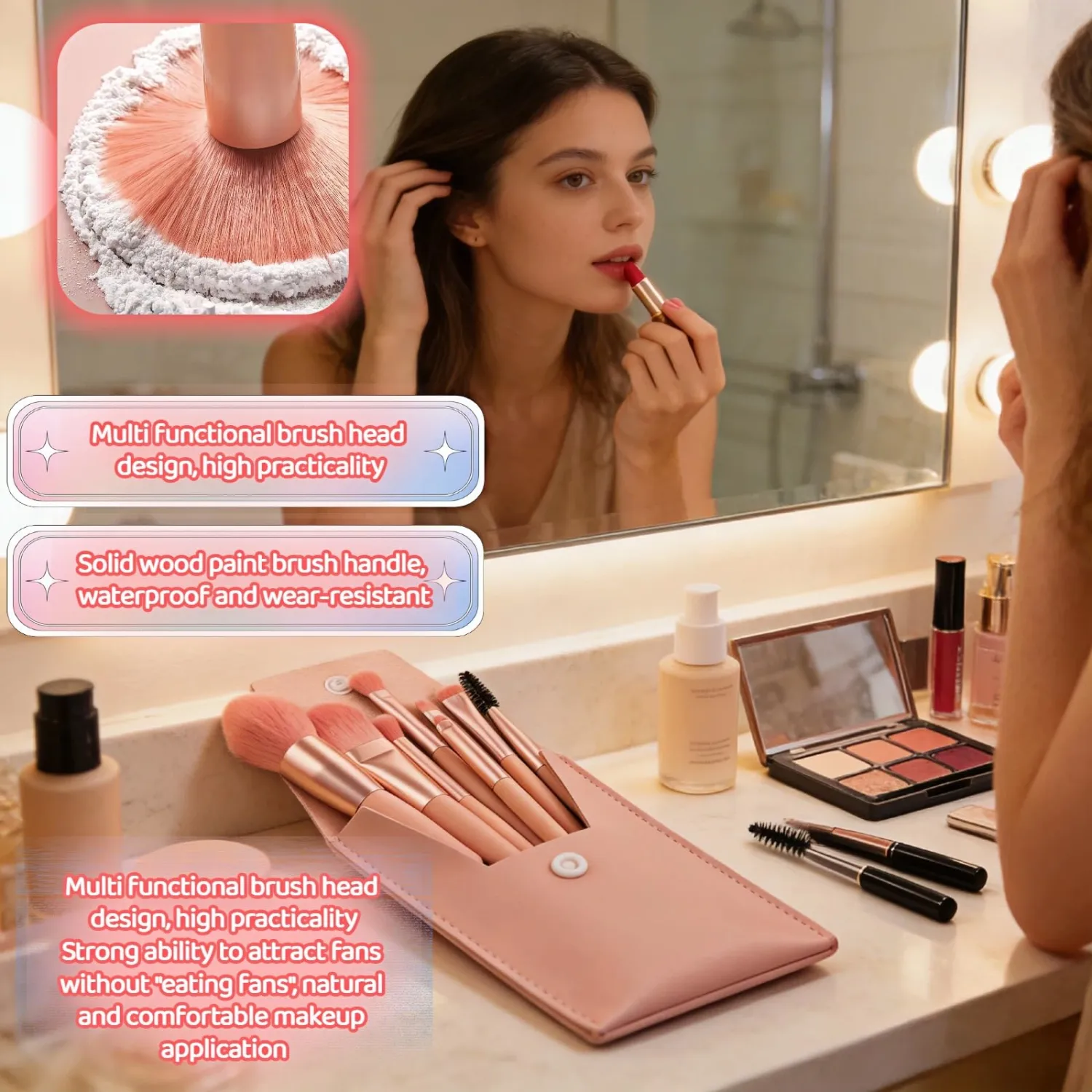 8-Piece Makeup Brush Set - Vegan Travel Brushes with Portable Case for Foundation, Blush, Eyeshadow - Soft Synthetic Kabuki Brushes Perfect for Beginners & Sensitive Skin (Pink)