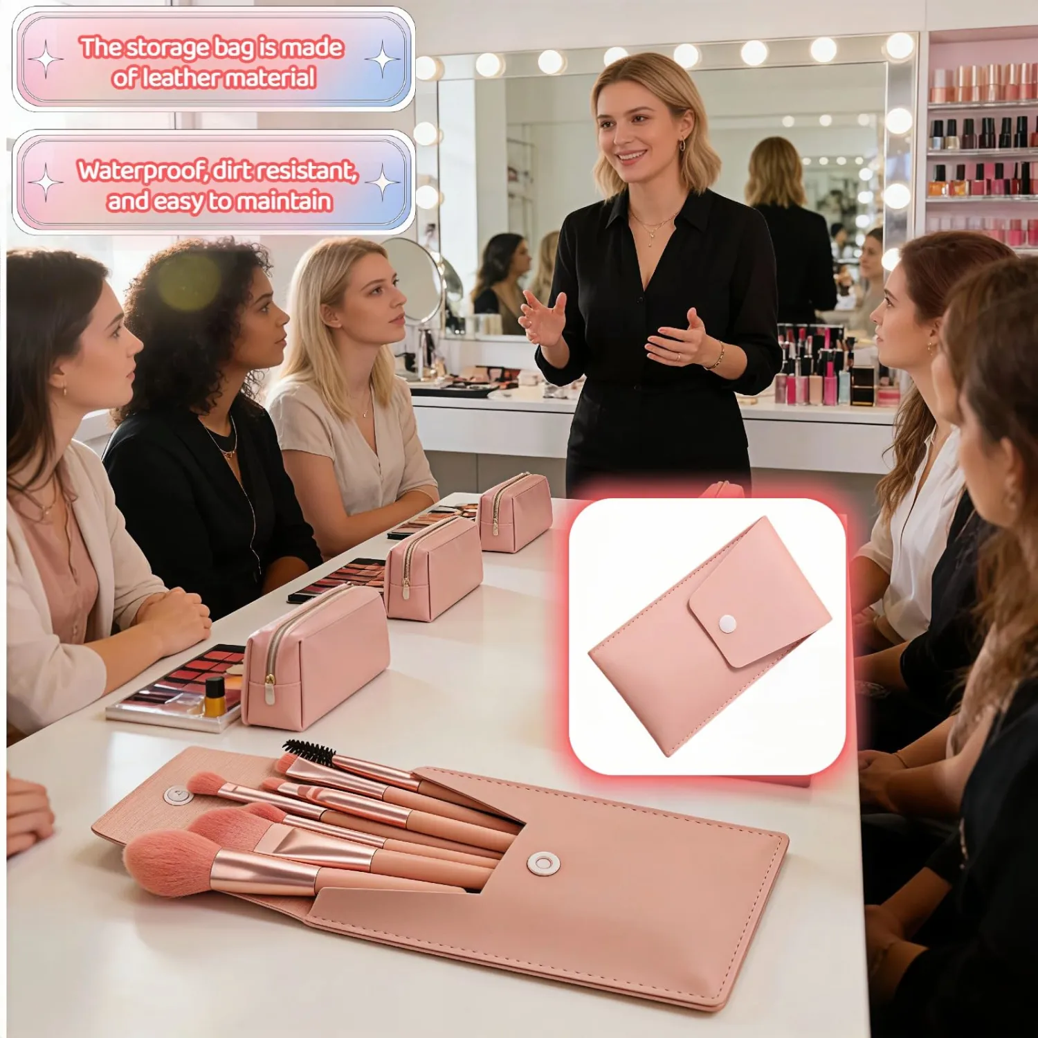 8-Piece Makeup Brush Set - Vegan Travel Brushes with Portable Case for Foundation, Blush, Eyeshadow - Soft Synthetic Kabuki Brushes Perfect for Beginners & Sensitive Skin (Pink)