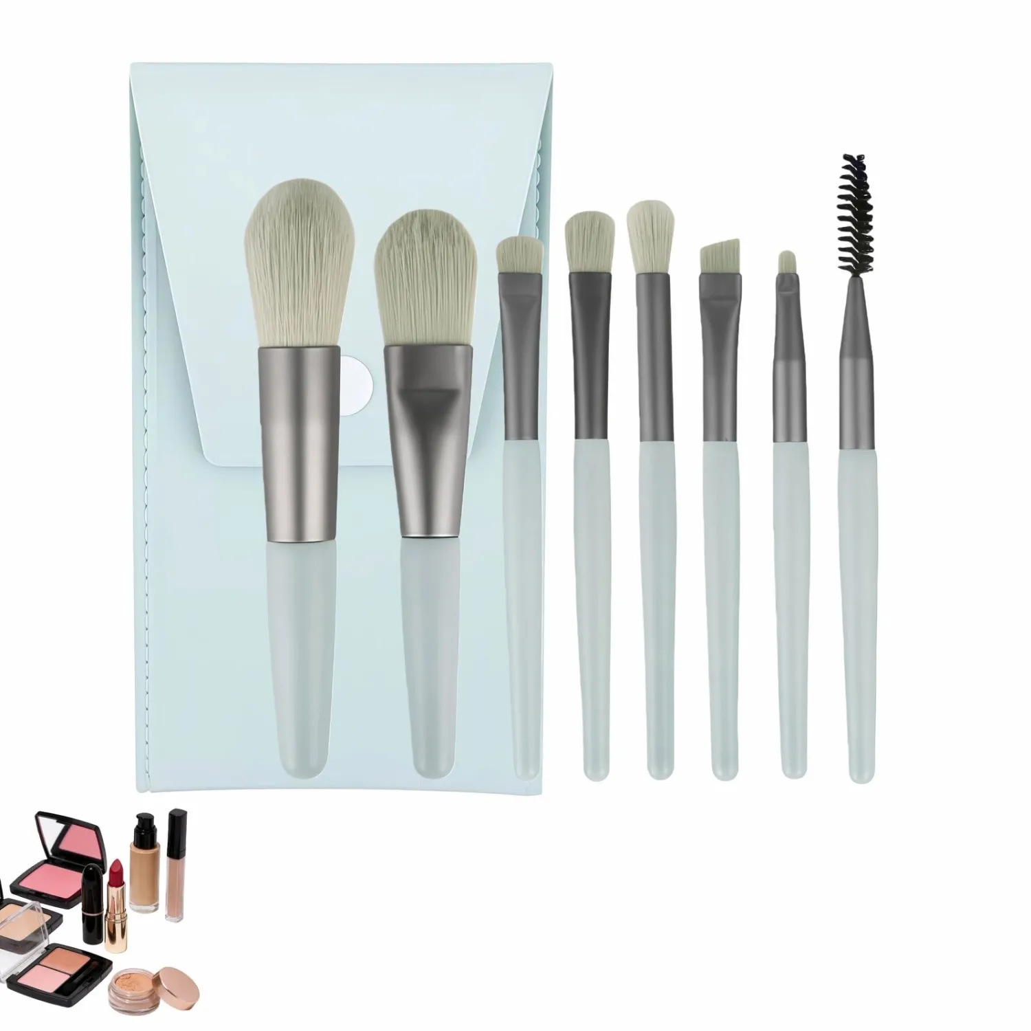 8-Piece Makeup Brush Set - Vegan Travel Brushes with Portable Case for Foundation, Blush, Eyeshadow - Soft Synthetic Kabuki Brushes Perfect for Beginners & Sensitive Skin (Cyan)