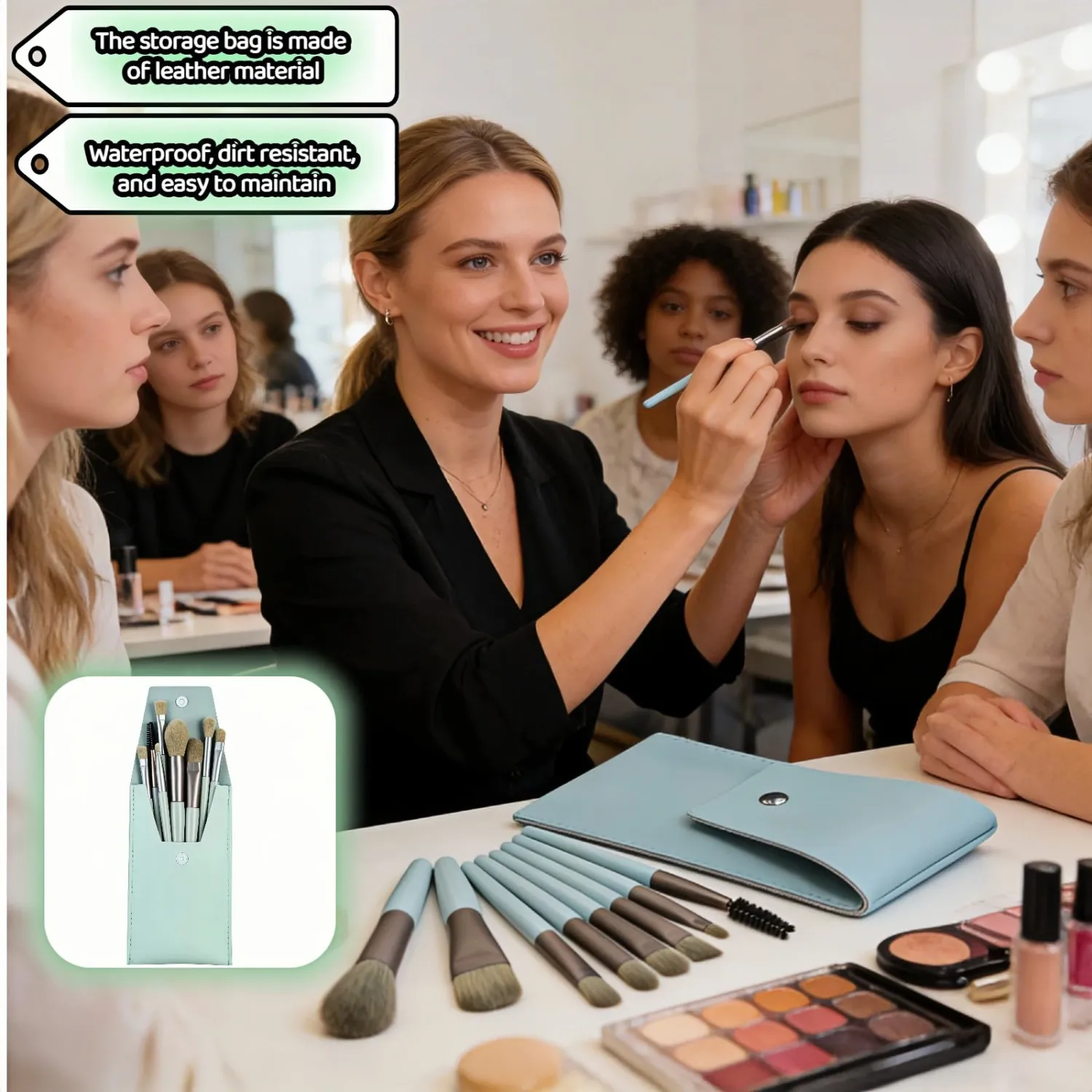 8-Piece Makeup Brush Set - Vegan Travel Brushes with Portable Case for Foundation, Blush, Eyeshadow - Soft Synthetic Kabuki Brushes Perfect for Beginners & Sensitive Skin (Cyan)