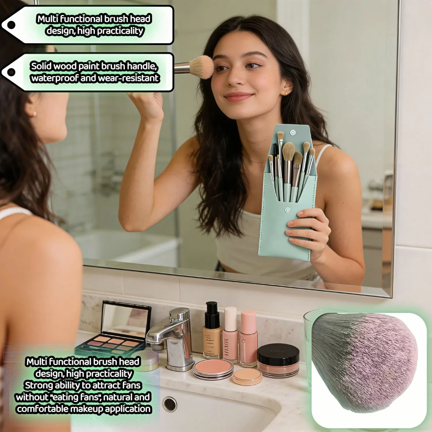 8-Piece Makeup Brush Set - Vegan Travel Brushes with Portable Case for Foundation, Blush, Eyeshadow - Soft Synthetic Kabuki Brushes Perfect for Beginners & Sensitive Skin (Cyan)
