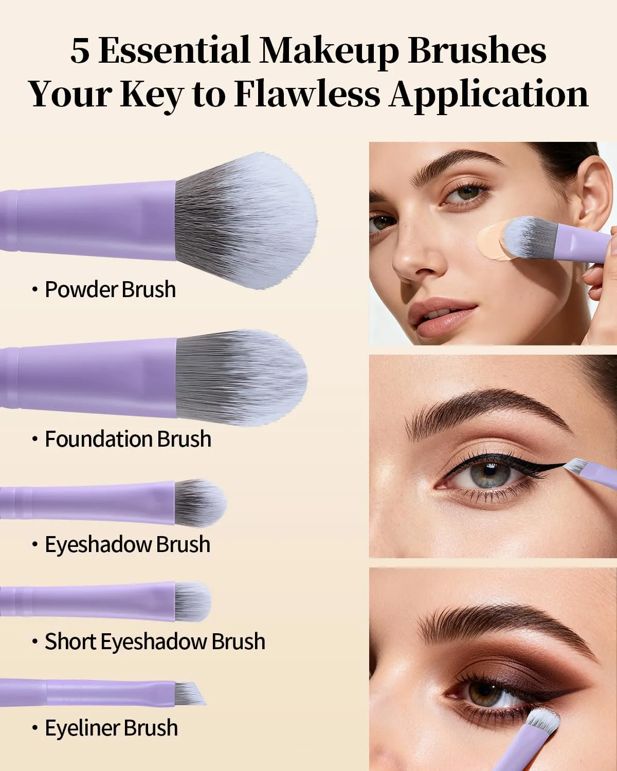 EIGSHOW Makeup Brush Set 5Pcs Basic Makeup Brushes for Powder Foundation Eyeshadow Eyeliner, Synthetic Silver Ion Bristles, Travel-Friendly, Vegan & Cruelty-Free (Matte Purple)