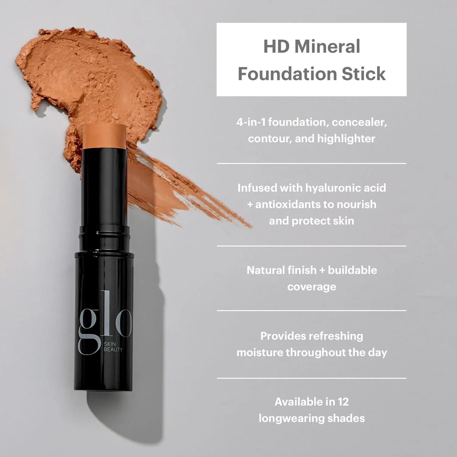 Glo Skin Beauty HD Mineral Foundation Stick - Concealer Makeup Infused with Hyaluronic Acid - Buildable Coverage, Contour & Highlighter