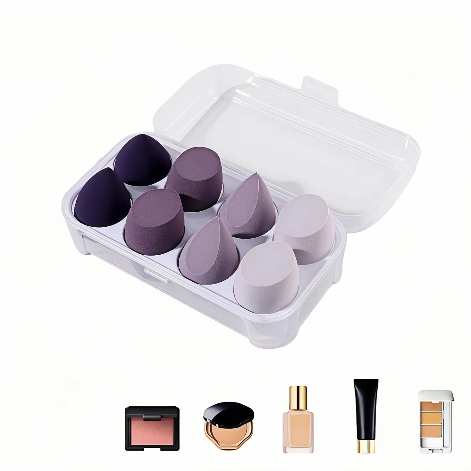 8pcs Makeup Sponges Set - Latex-Free, Blending Beauty Sponge for Liquid, Cream & Powder, Soft Non-Absorbent, Multi-Size with Case，Multi-Shape for Liquid and Powder (Purple)