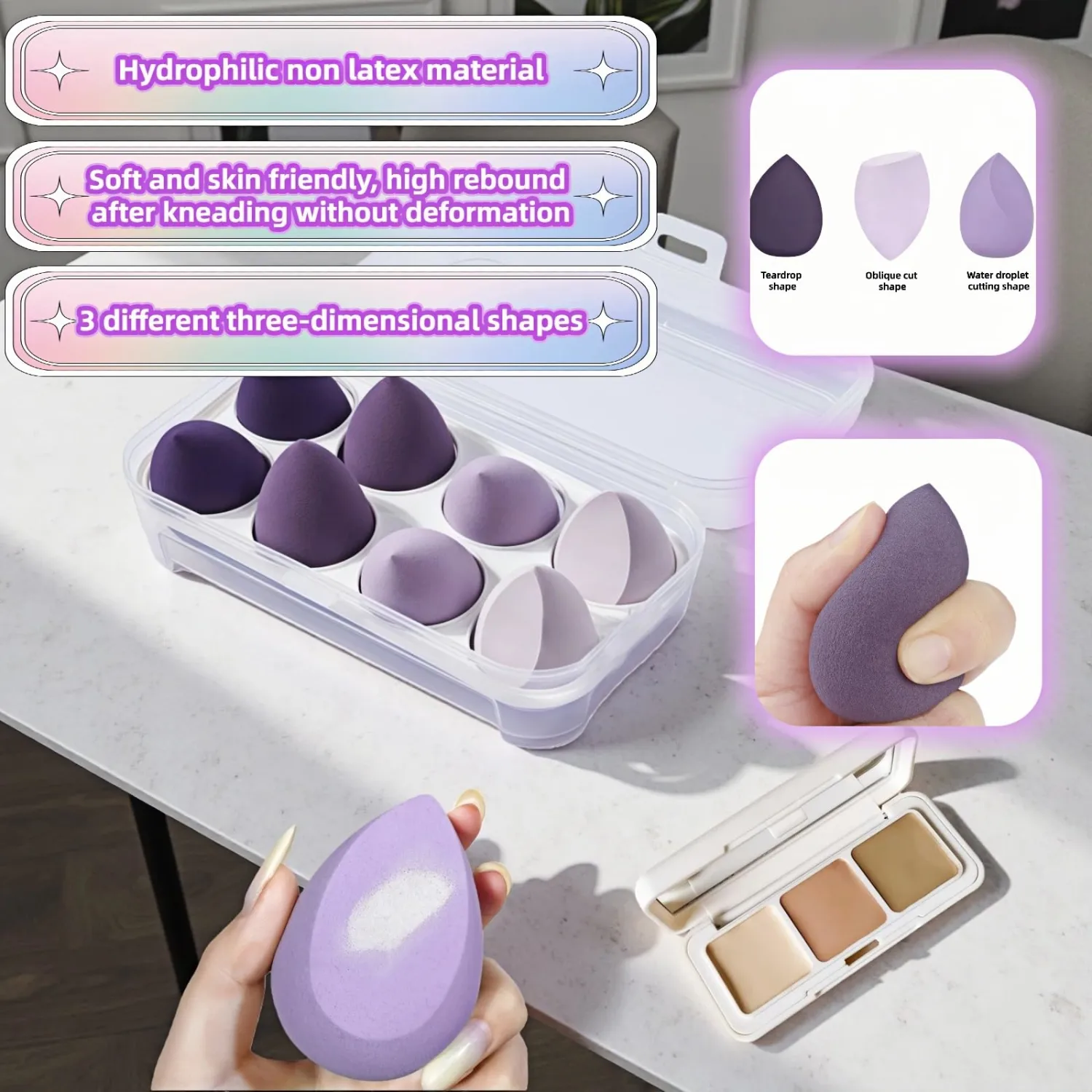 8pcs Makeup Sponges Set - Latex-Free, Blending Beauty Sponge for Liquid, Cream & Powder, Soft Non-Absorbent, Multi-Size with Case，Multi-Shape for Liquid and Powder (Purple)