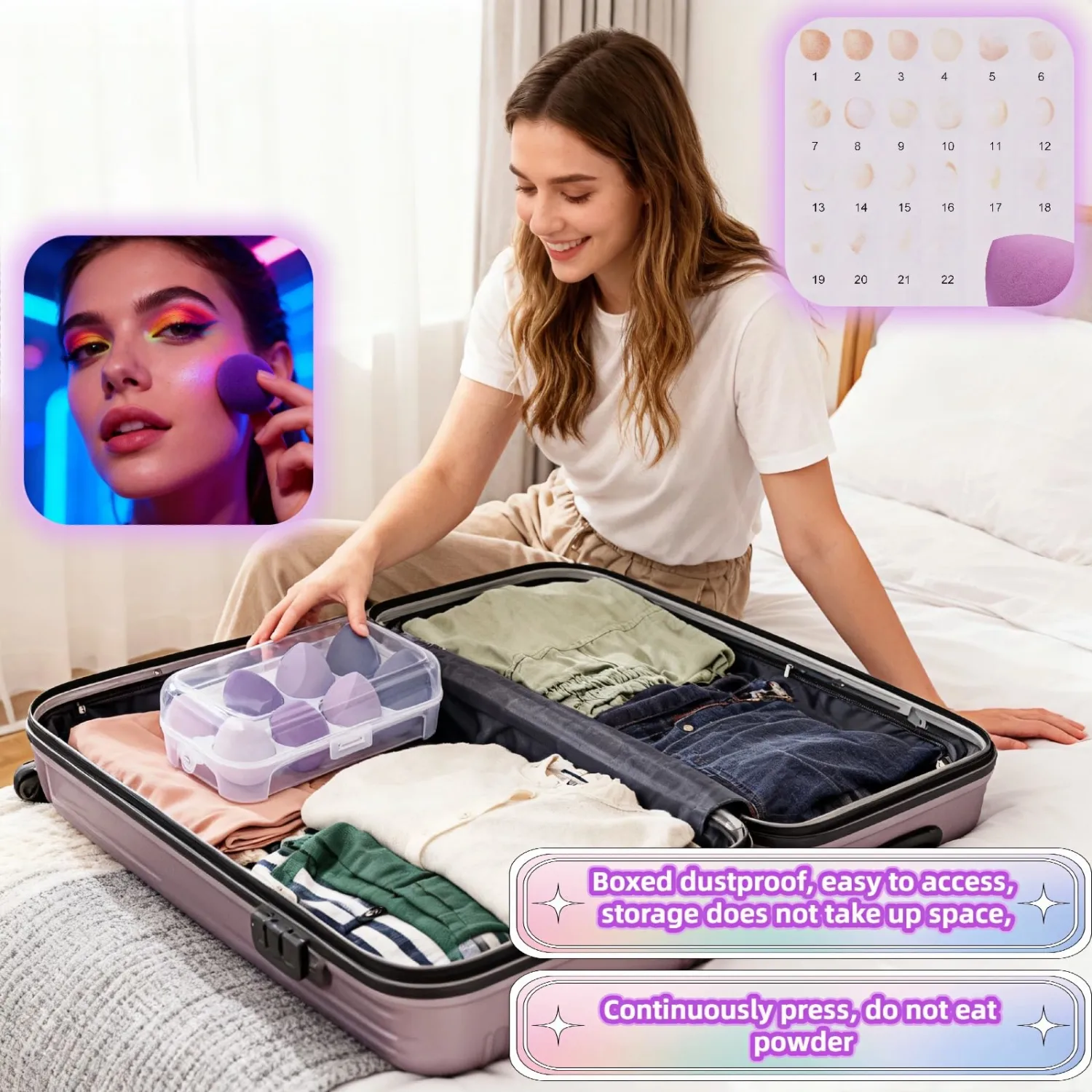 8pcs Makeup Sponges Set - Latex-Free, Blending Beauty Sponge for Liquid, Cream & Powder, Soft Non-Absorbent, Multi-Size with Case，Multi-Shape for Liquid and Powder (Purple)