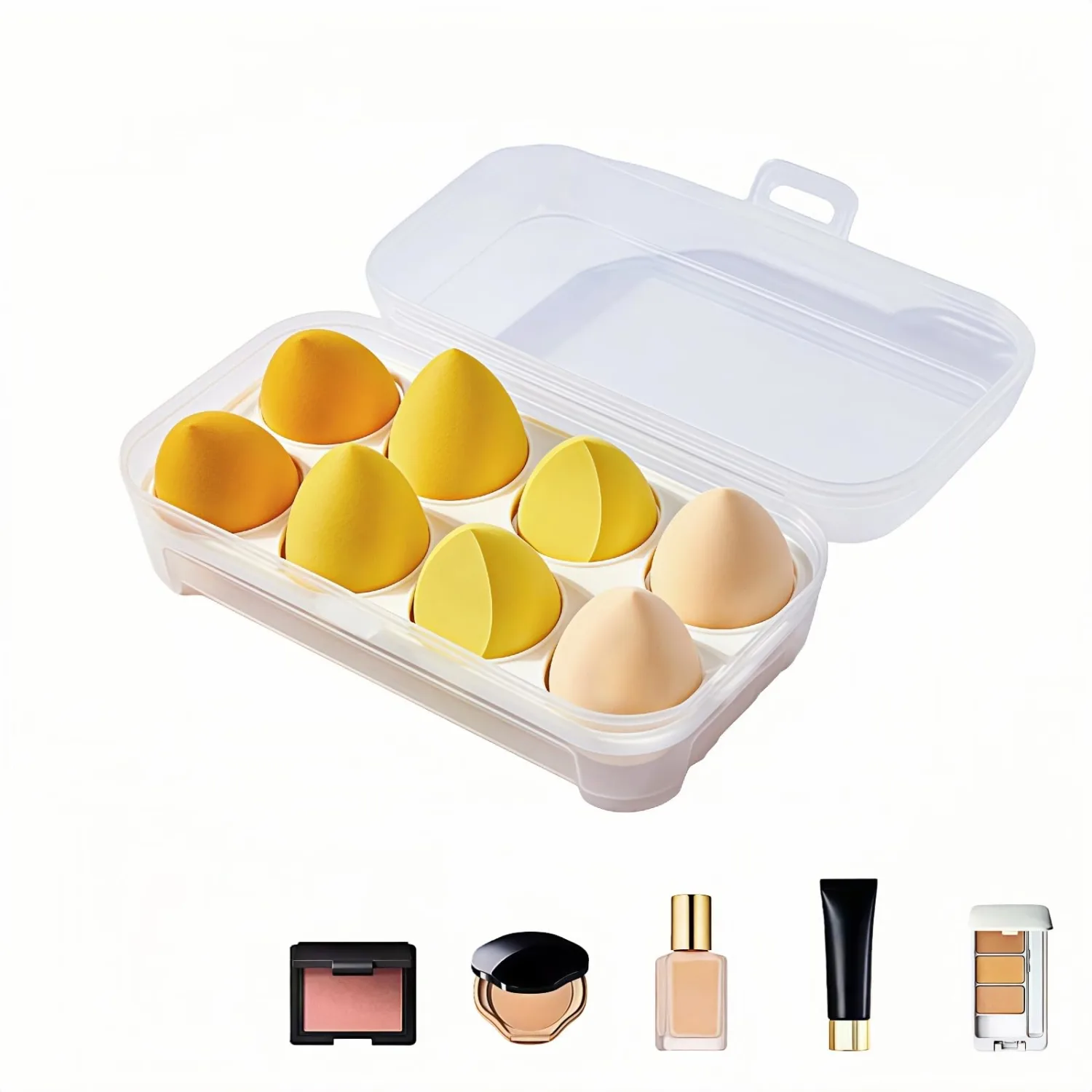 8pcs Makeup Sponges Set - Latex-Free, Blending Beauty Sponge for Liquid, Cream & Powder, Soft Non-Absorbent, Multi-Size with Case，Multi-Shape for Liquid and Powder (Yellow)