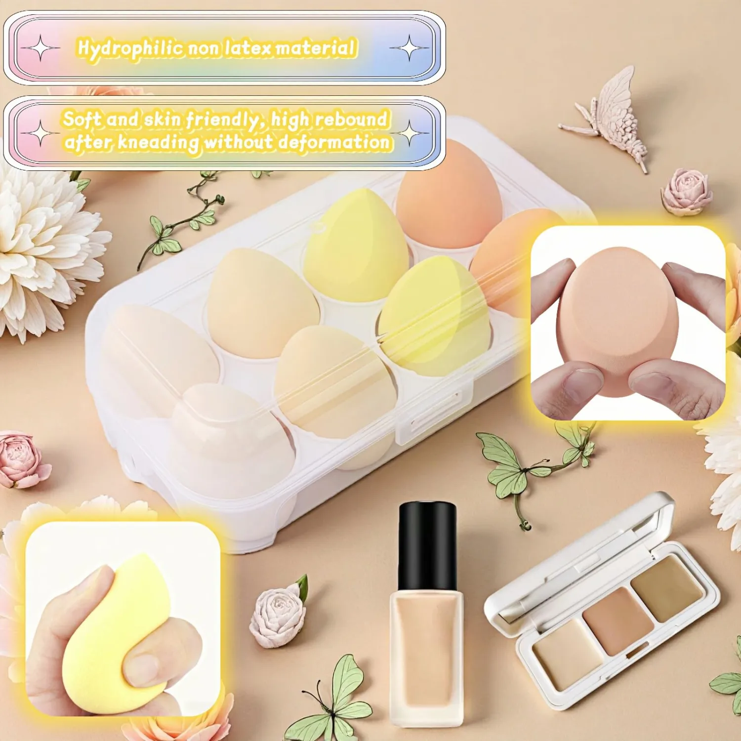 8pcs Makeup Sponges Set - Latex-Free, Blending Beauty Sponge for Liquid, Cream & Powder, Soft Non-Absorbent, Multi-Size with Case，Multi-Shape for Liquid and Powder (Yellow)